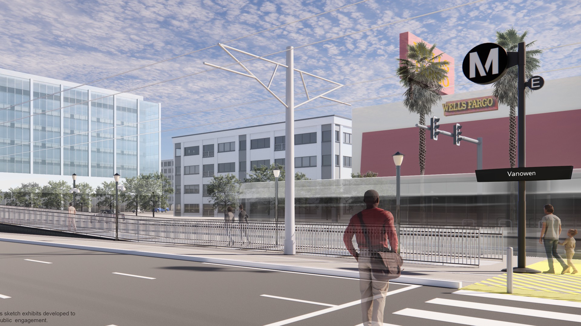 Urban street scene with modern buildings, pedestrians, and a Vanowen Metro station sign.