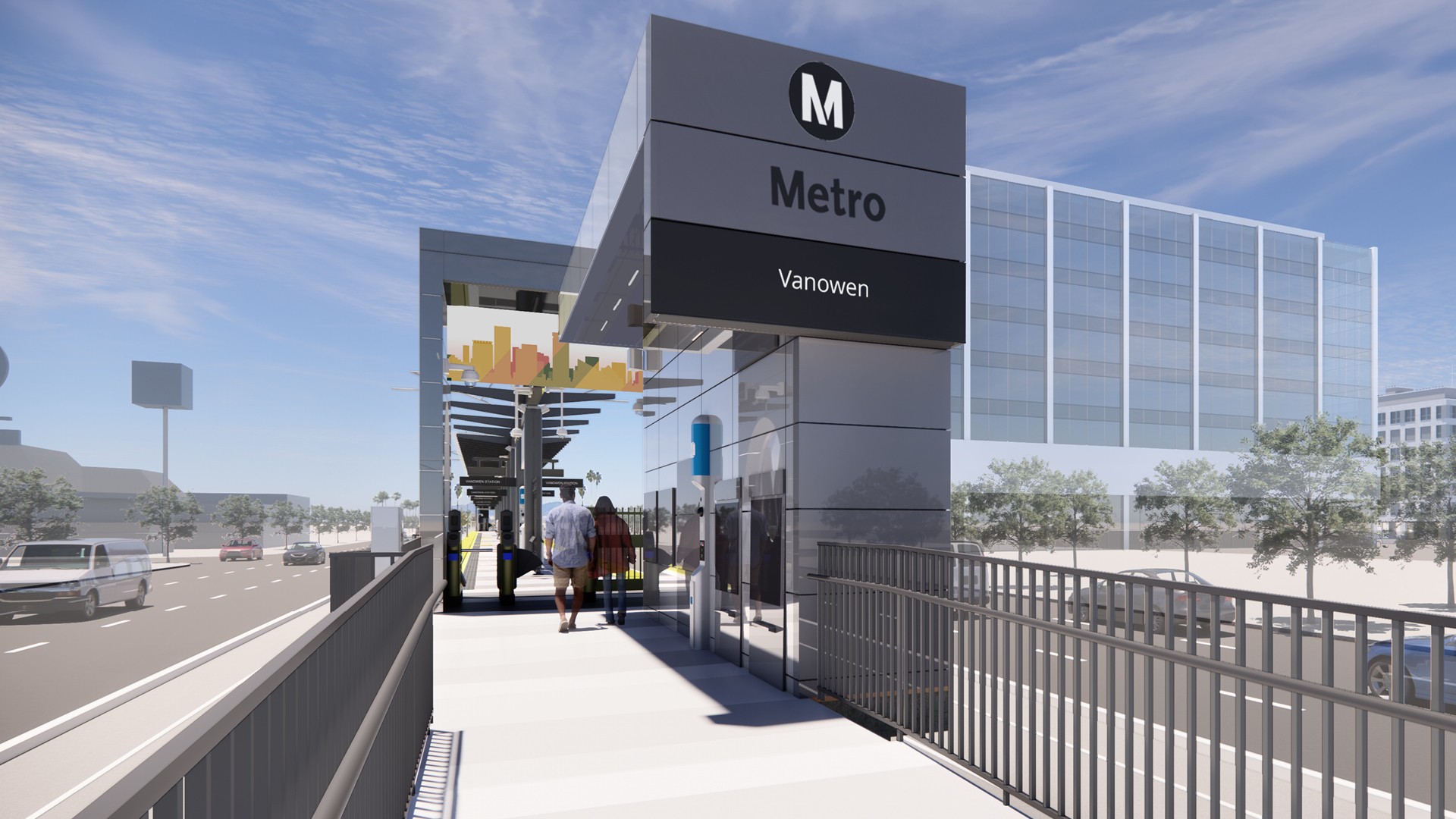 Vanowen Metro station entrance with pedestrians and modern urban surroundings.