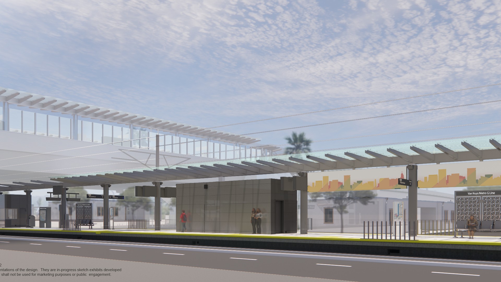 Modern light rail station design with covered platforms and clear urban surroundings.