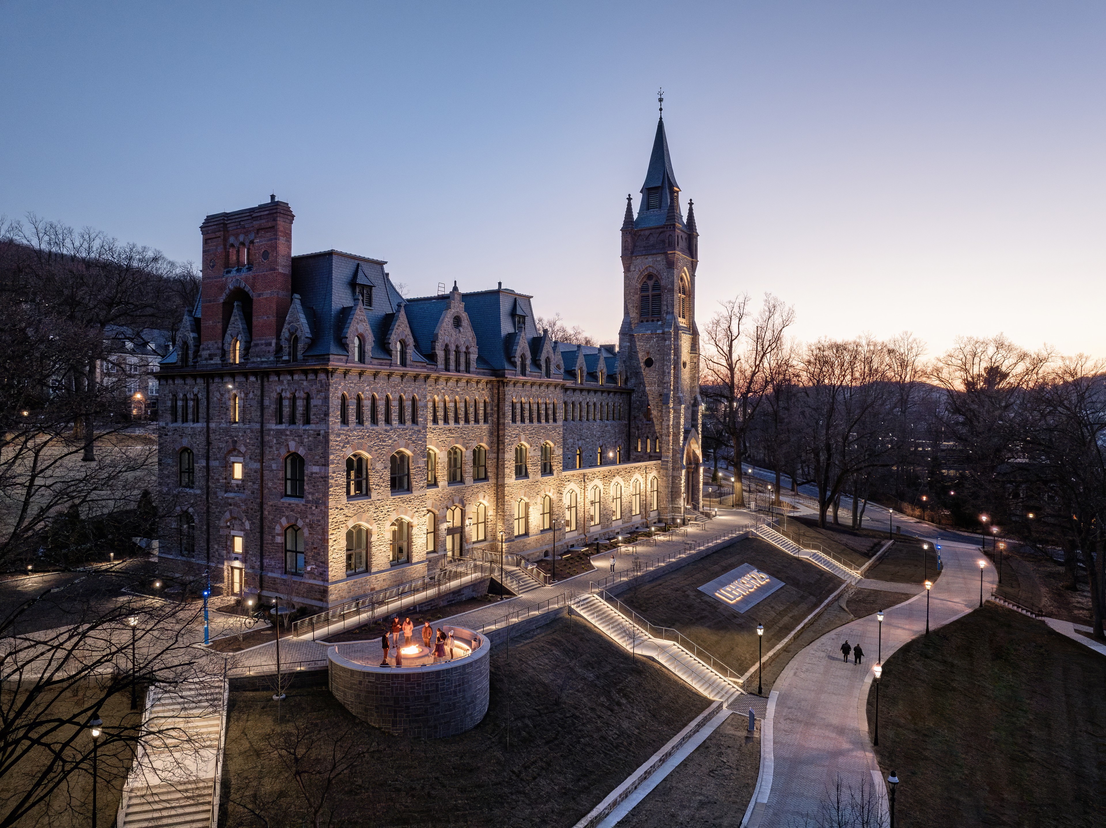 Exterior shot of academic building at night
