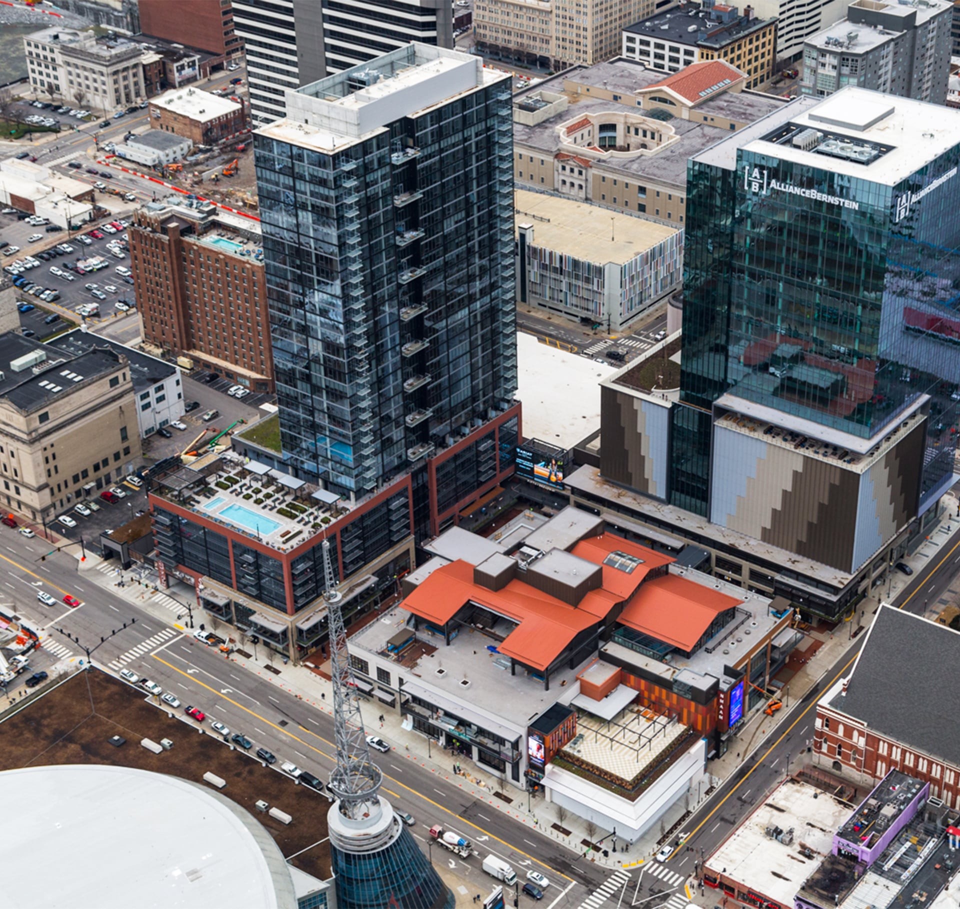 Ariel shot of a retail and commercial shopping center in a downtown area