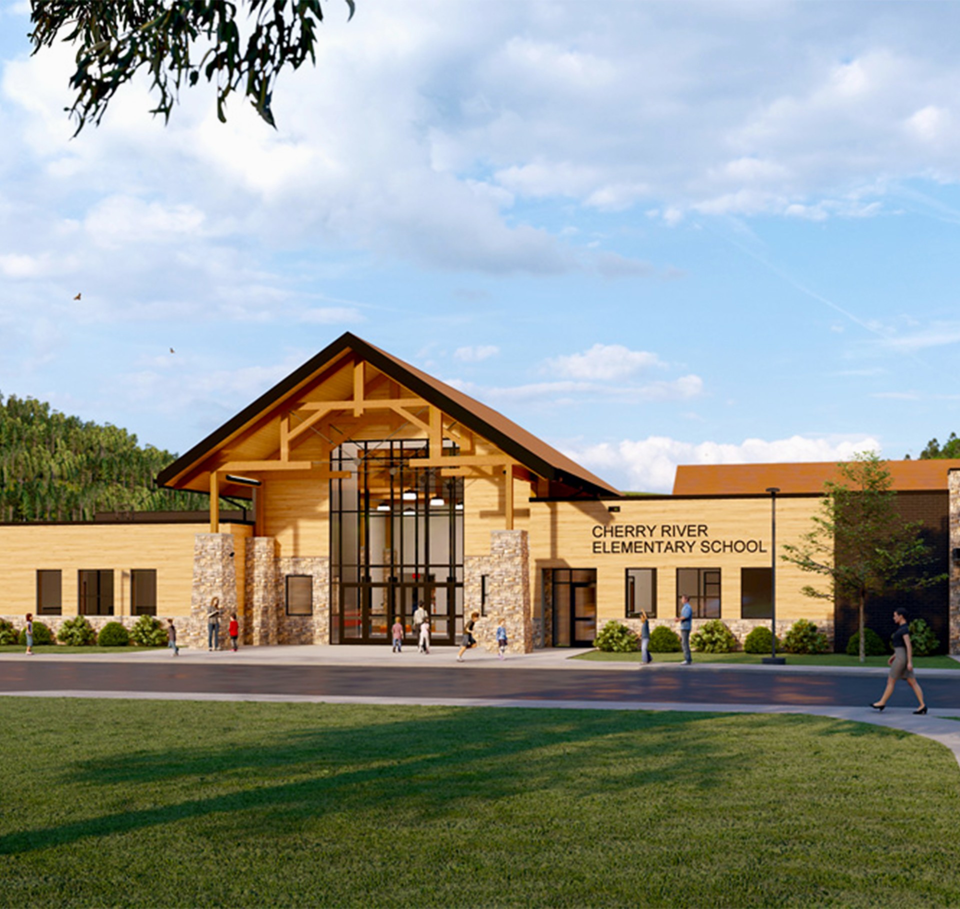 Modern Cherry River Elementary School Building Exterior View Cherry River Elementary School building with modern wooden and stone architecture.