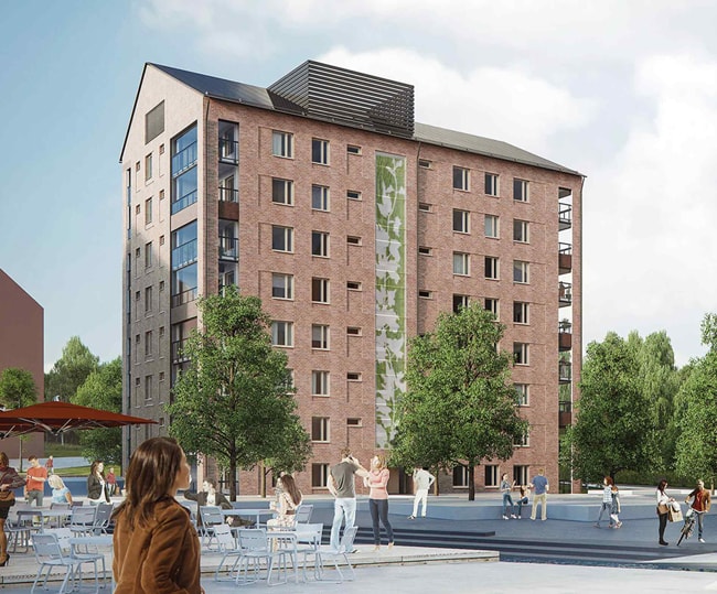 Havainnekuvassa As. Oy Jyväskylän Rainasta näkyy myös Anna Ruthin taideteos.