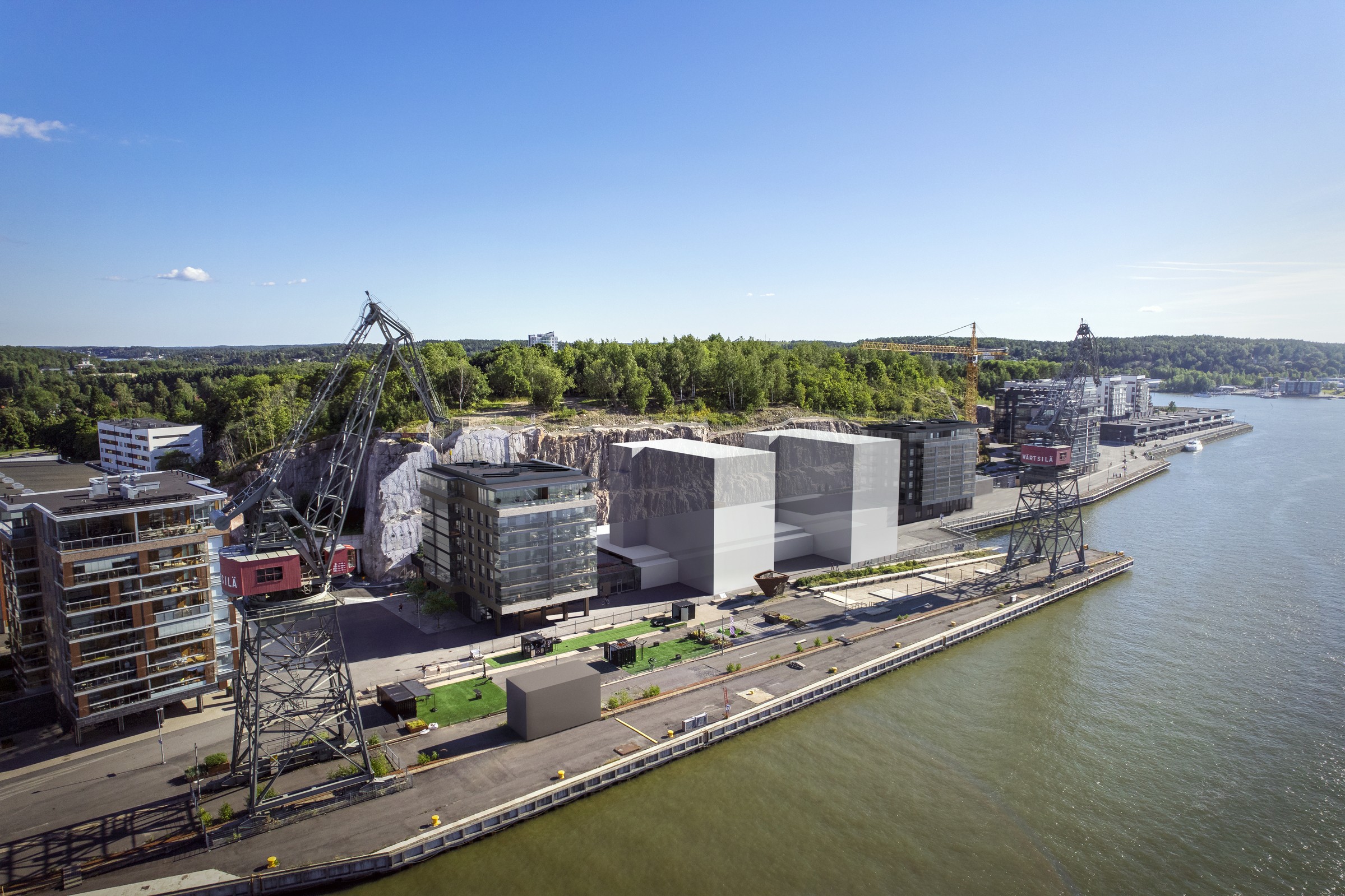 Turun Prikantiini on Skanskan viimeinen kohde Turun Telakkarannassa. Prikantiini kuvassa toisena vasemmalta.