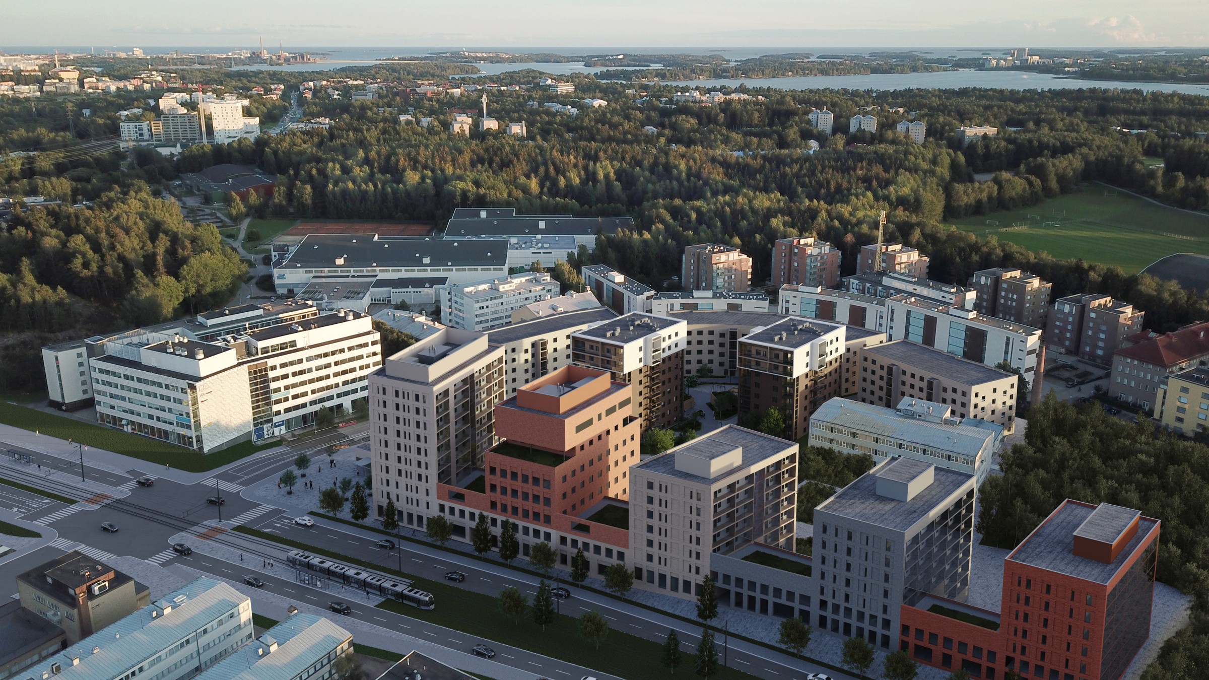 Helsingin Pitäjämäen Kutomotiellä sijaitsevan uuden asuinkorttelin havainnekuva. Valaja on keskimmäisistä kaksivärisistä taloista vasemmalla.