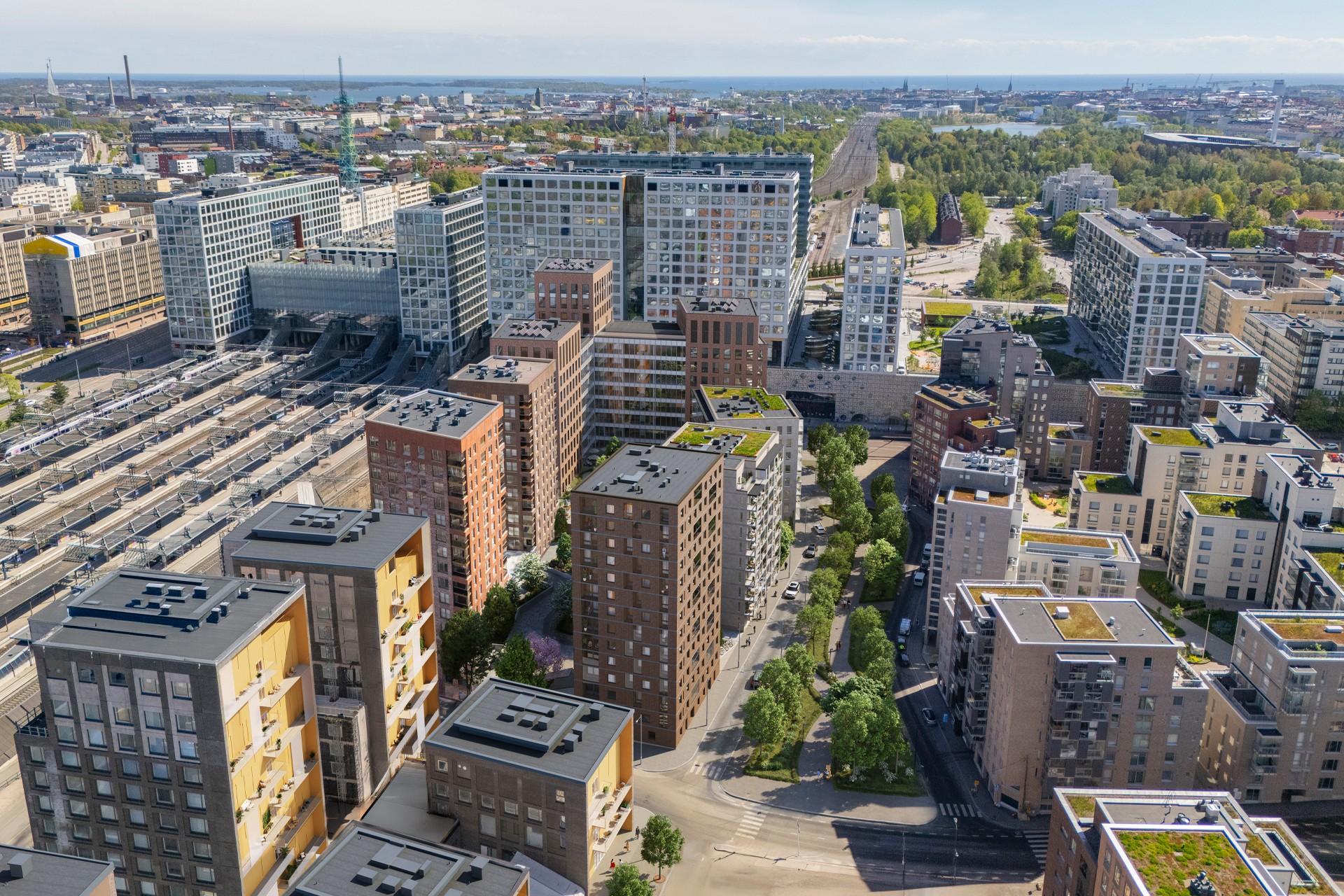 Helsingin Resiina, aluevisualisointi Helsingin Resiina, aluevisualisointi. Resiina on kuvassa vaalea rakennus puistoon nähden ensimmäisenä vasemmalla