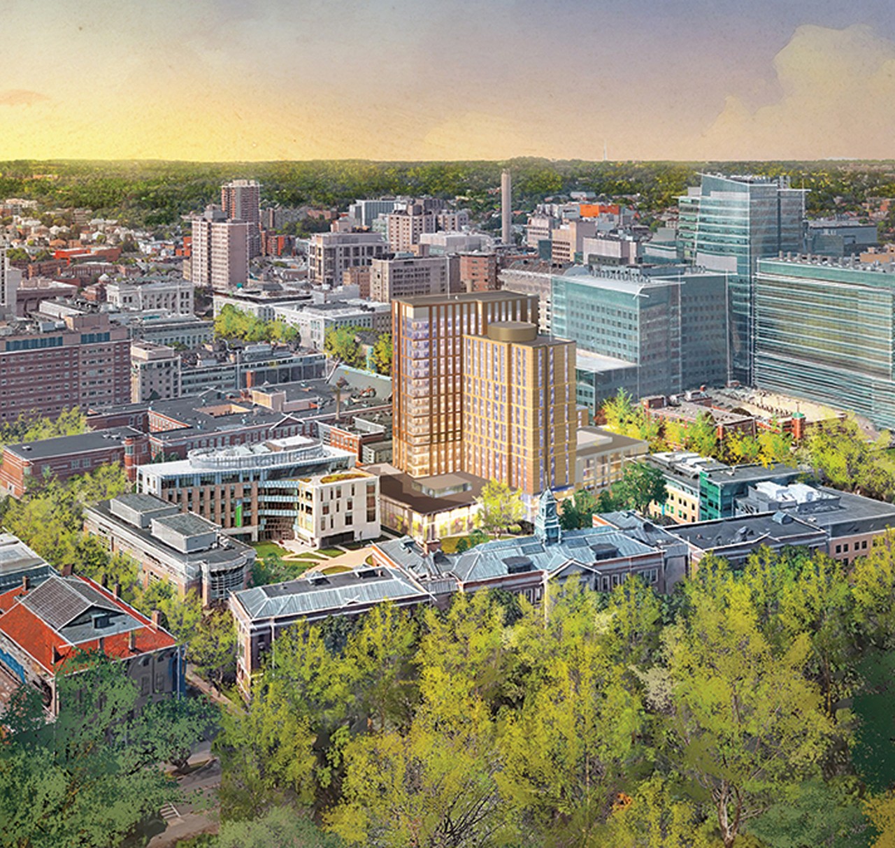 Aerial view of a modern urban cityscape with high-rise buildings and green trees.