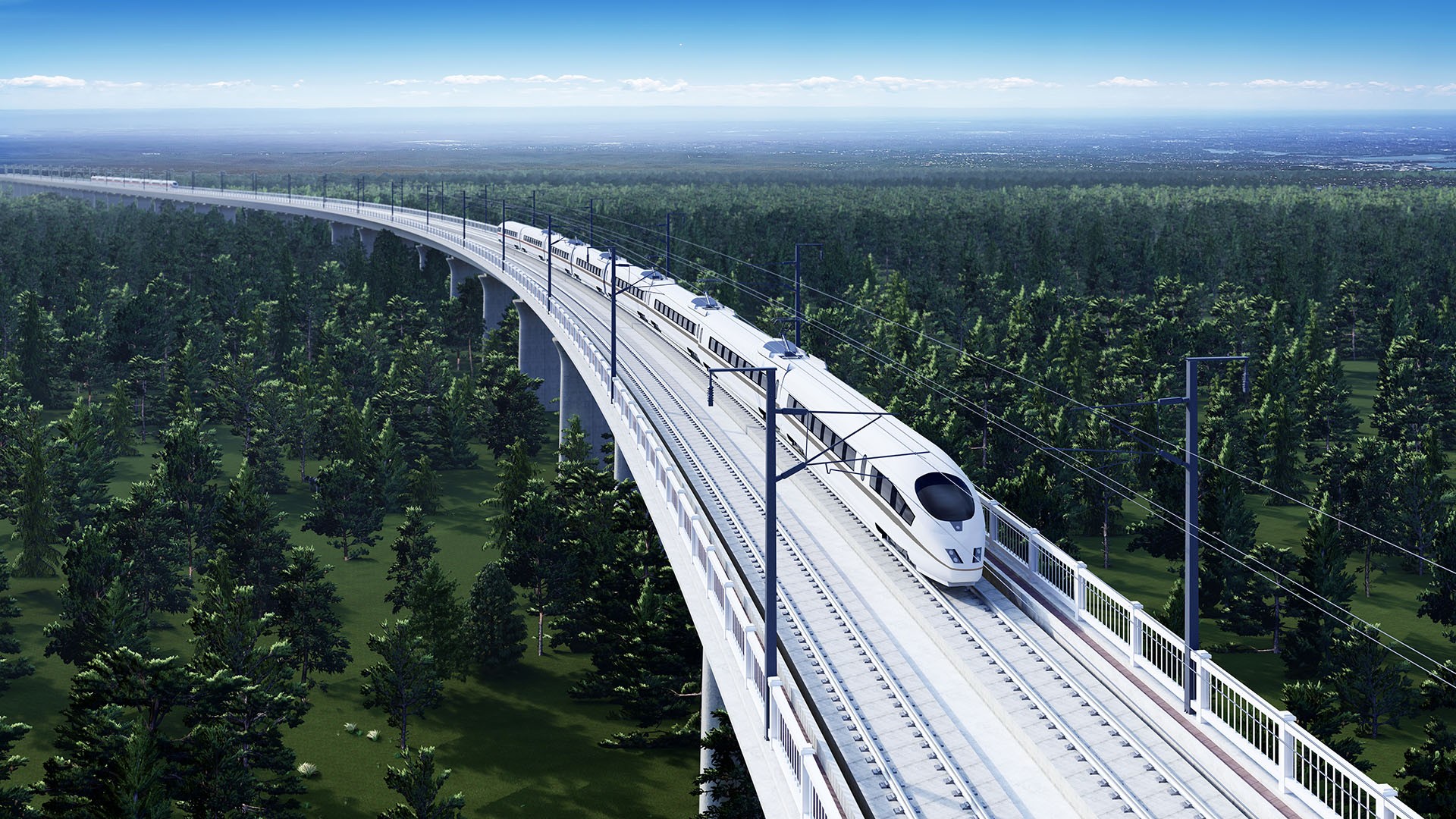 Höghastighetståg på brobana i skogsslandskap. Bild: Skanska/CRIG Höghastighetståg på brobana i skogsslandskap minskar påverkan på djurliv och miljö.