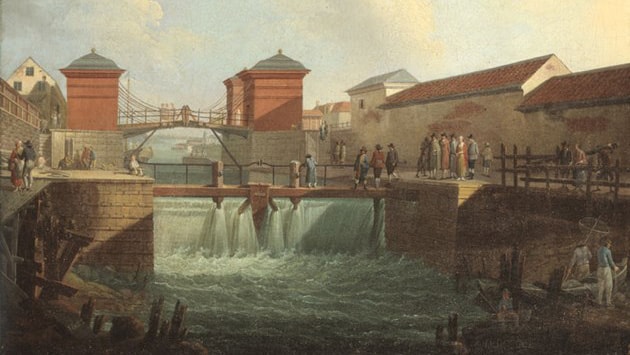 Den andra slussen, Polhems sluss, Stockholm. Konstnär Anders Holm www.stockholmskallan. Den andra slussen, Polhems sluss vid en kraftig vårflod 1780. Under byggtiden gjorde man provisoriska fördämningar och Polhem konstruerade en serie pumpar som drevs av människor och hästar för att hålla arbetsplatsen torr. Konstnär Anders Holm www.stockholmskallan.