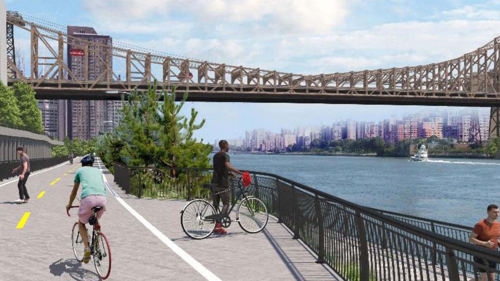 Scenic Riverside Bike Path with Bridge and City Views Urban cyclists enjoy a scenic riverside path under a large bridge on a clear day in the city.
