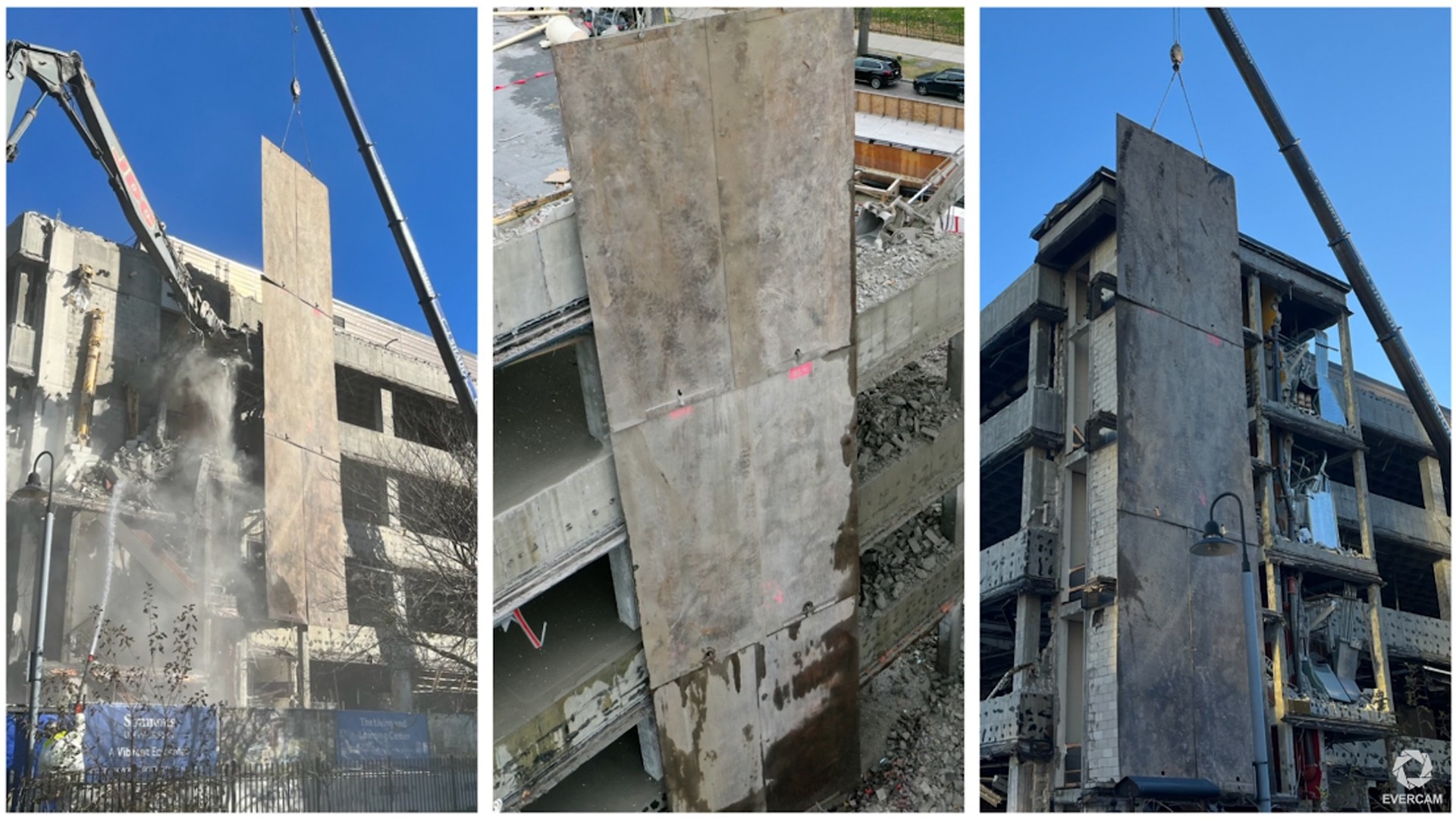 Controlled Demolition of Concrete Building Walls with Crane Construction site showing a crane lifting large concrete panels for building structure.