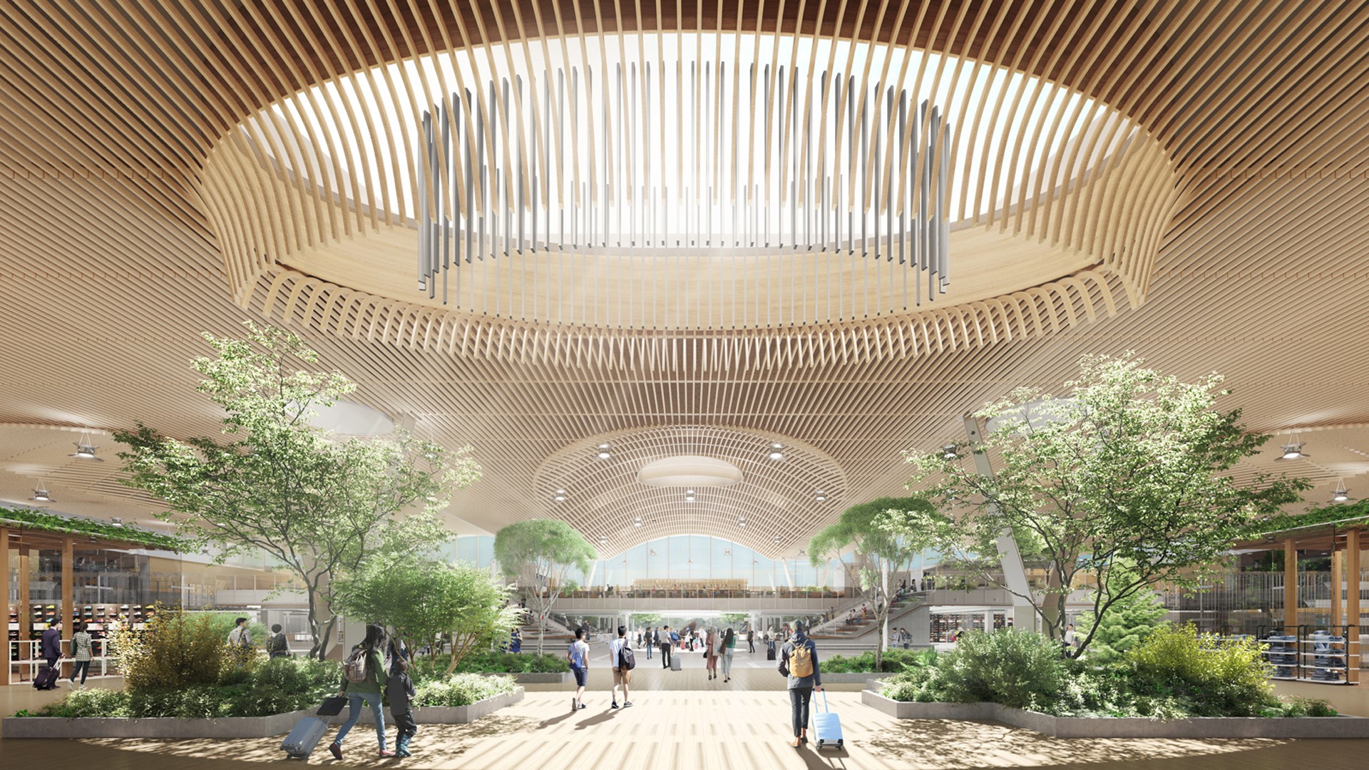 Modern airport terminal interior with wooden ceiling, greenery, and travelers walking.