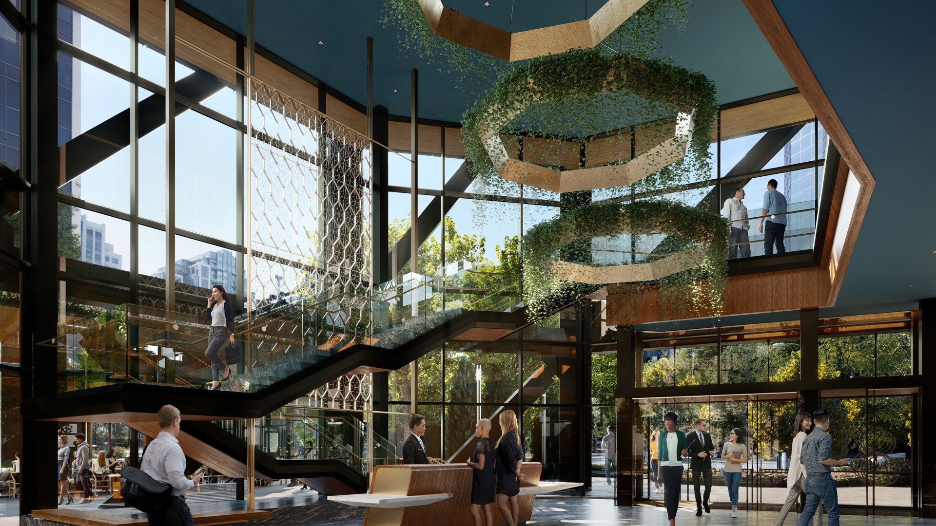 Modern Office Atrium with Green Decor and Glass Design Modern office lobby with large windows, indoor plants, and people interacting and moving around.