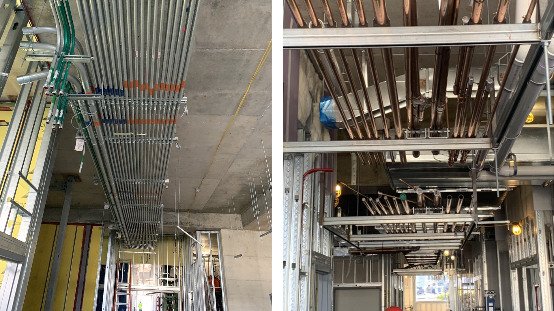 Organized Industrial Piping and Conduit Installation Ceiling View Ceiling-mounted electrical conduits and copper pipes in an industrial construction site.