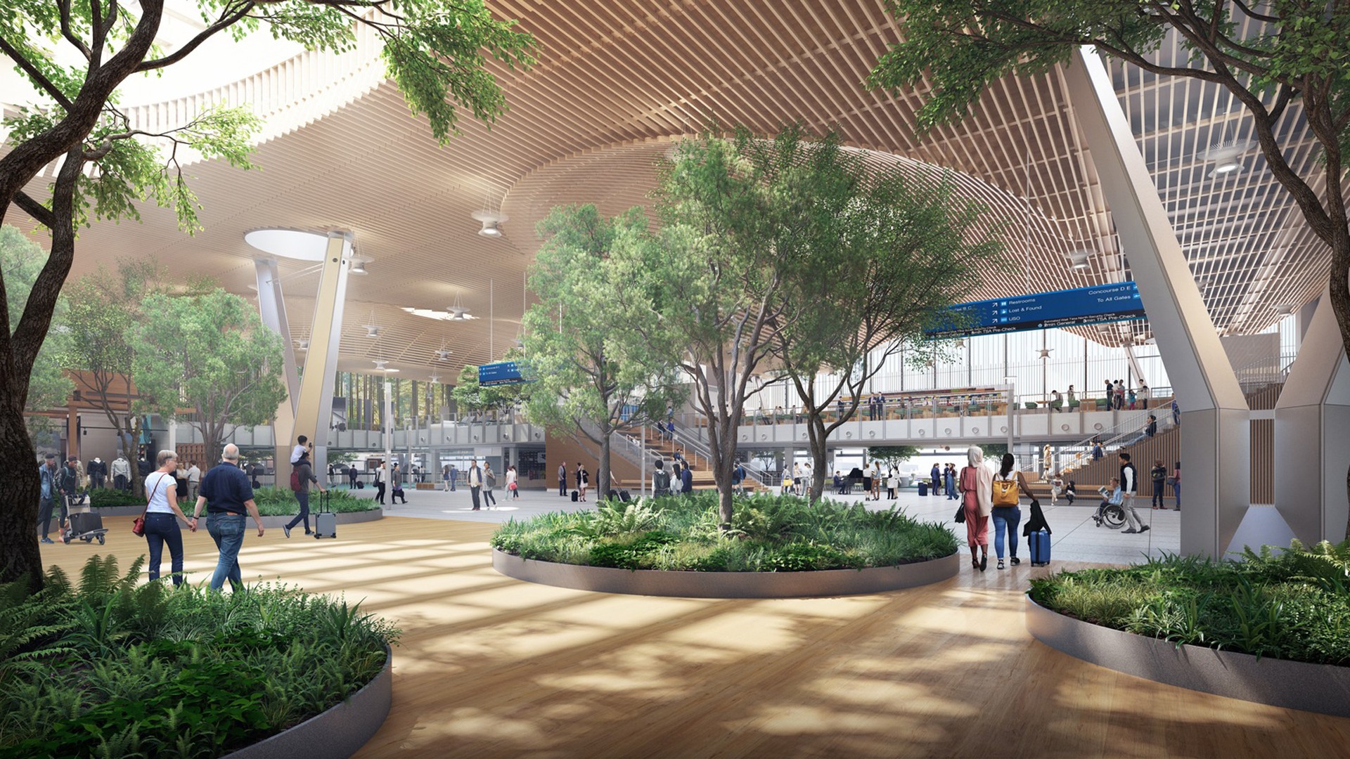 Modern airport terminal with indoor greenery and natural light Spacious modern airport terminal with indoor trees, passengers, and natural lighting.