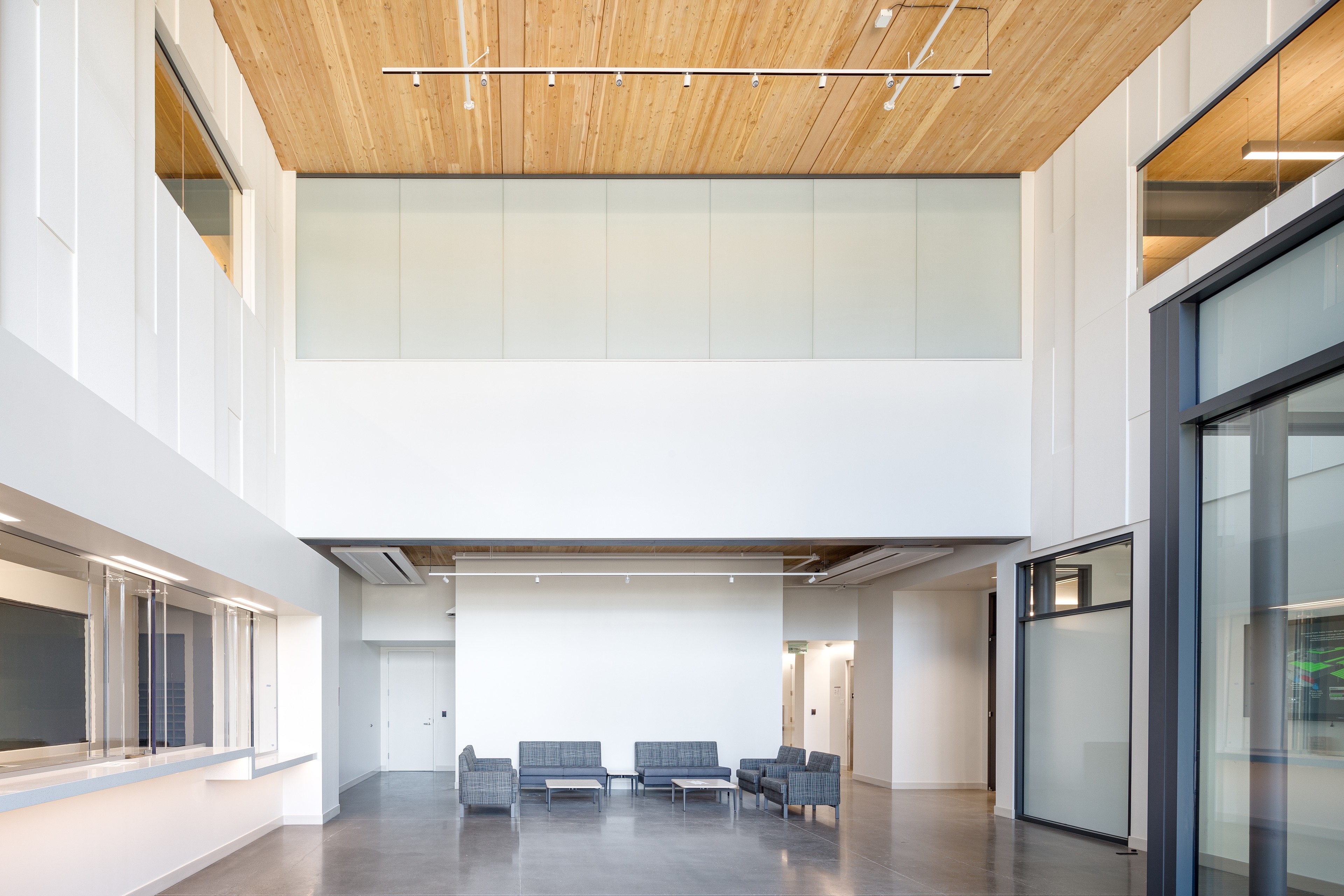Modern minimalist office lobby with wooden ceiling, glass walls, and gray seating area.