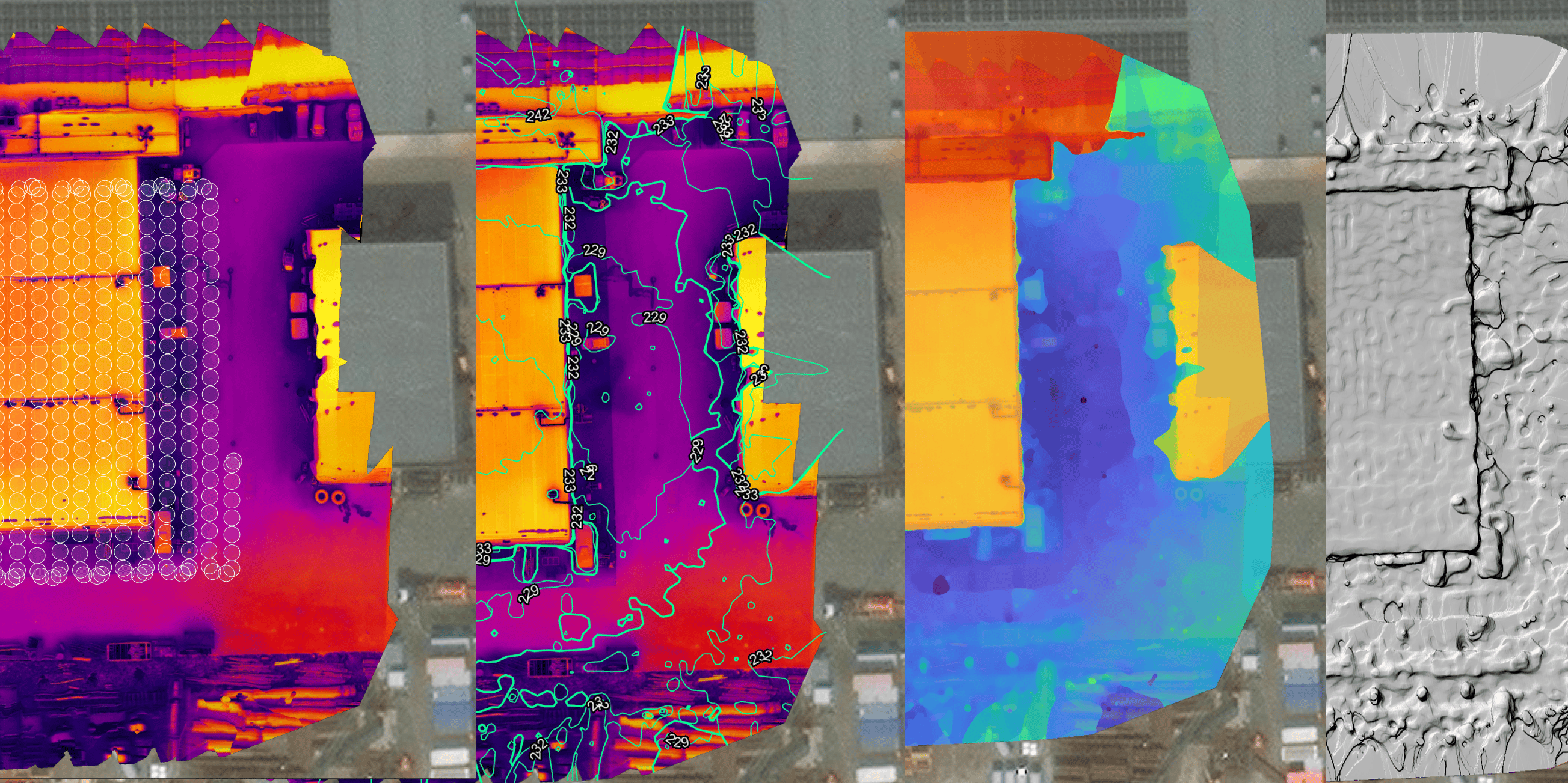 Termisk og topografisk dronebilder av et stort industrielt tak, som viser fargevariasjoner.