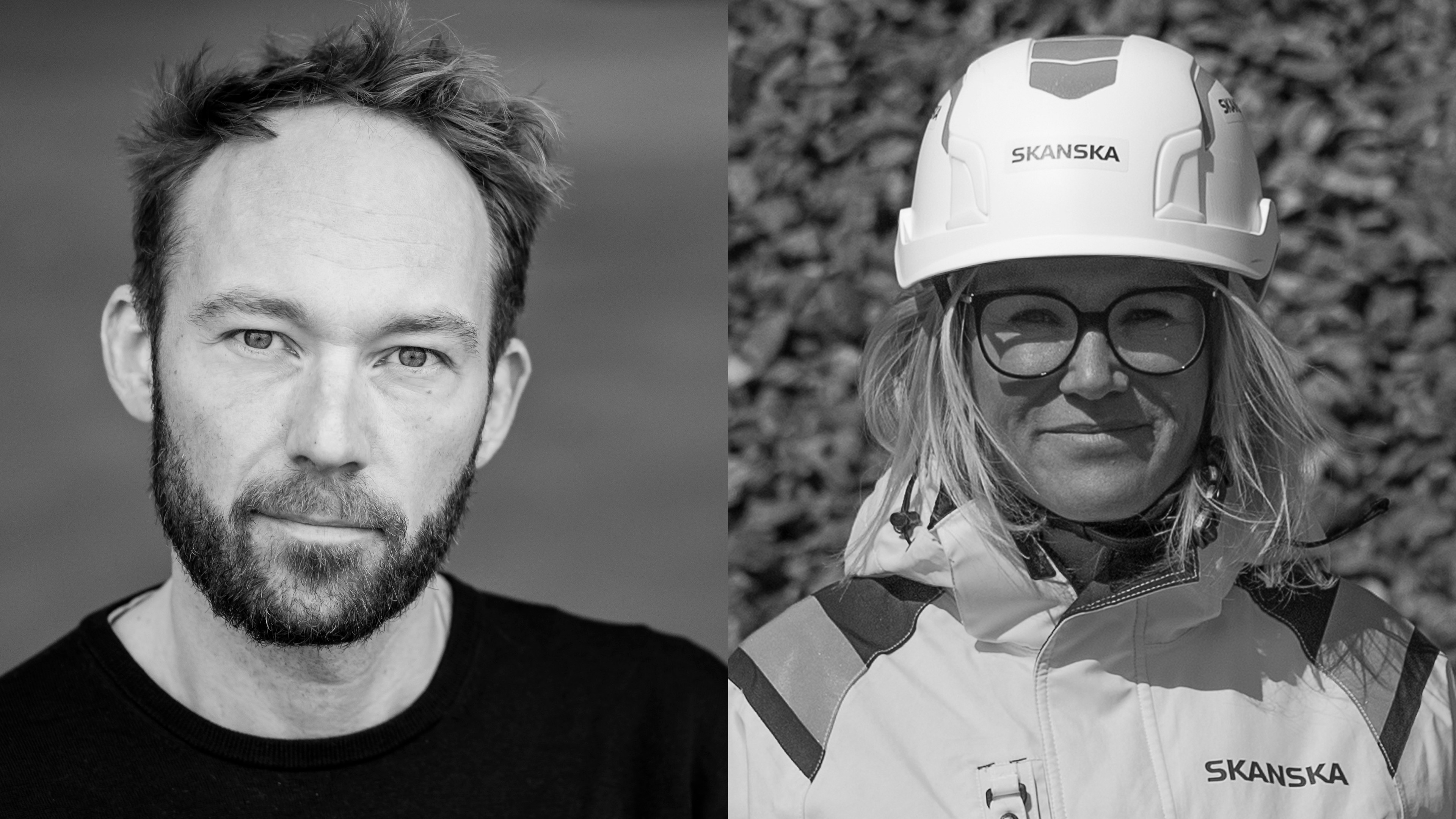 Construction Gear by Skanska: Safety Helmets and Jackets Two individuals are pictured: one in a plain shirt, the other in Skanska-branded safety gear.