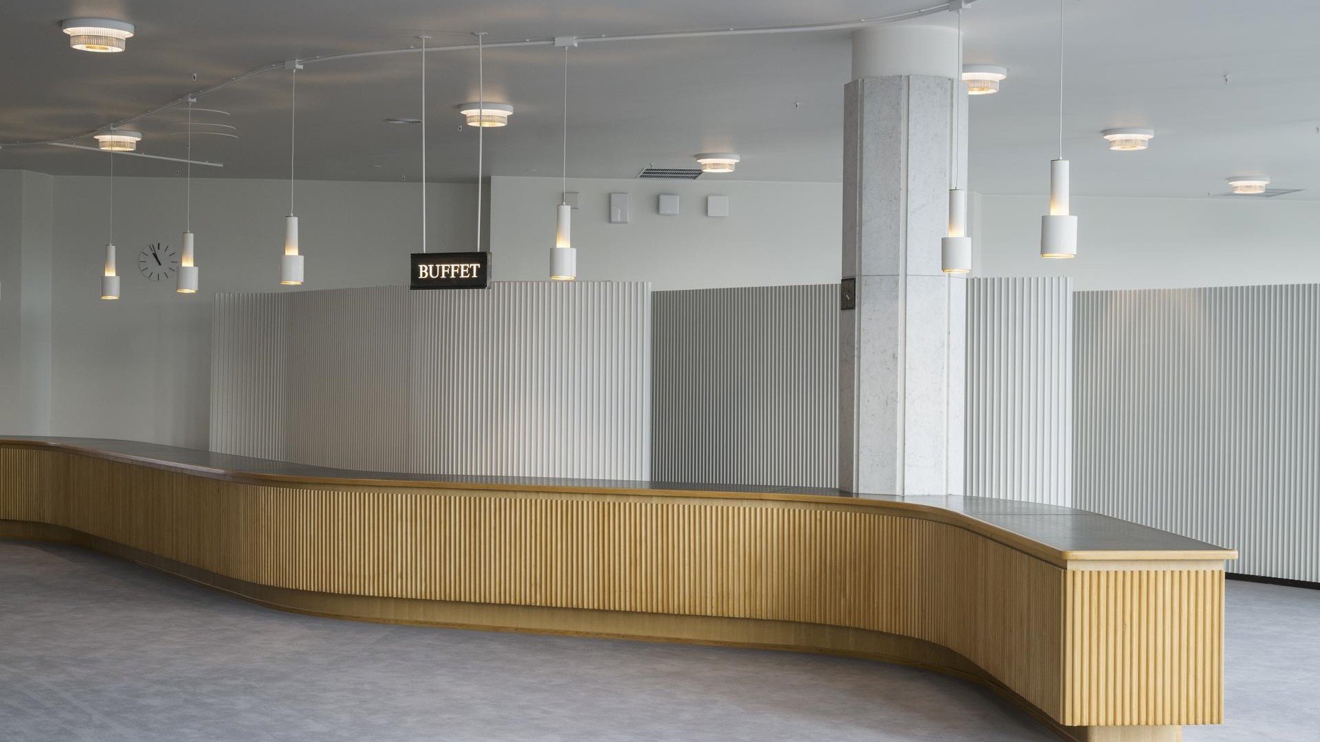 Modern Buffet Area with Stylish Interior Design New wooden furniture at Finlandia Hall retained the look of the originals.