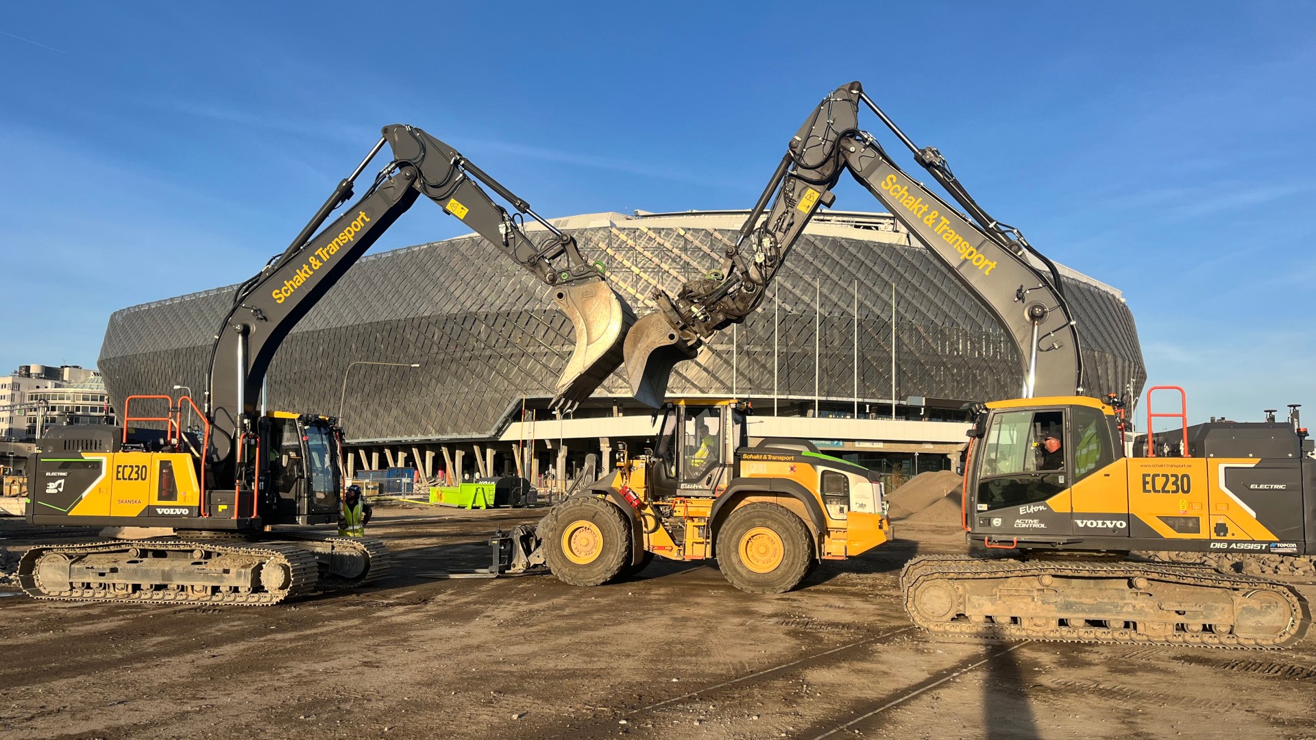 Two Volvo CE230 crawler excavators named Ellen and Elton working alongside an L120 Electra wheeled excavator for sustainable construction