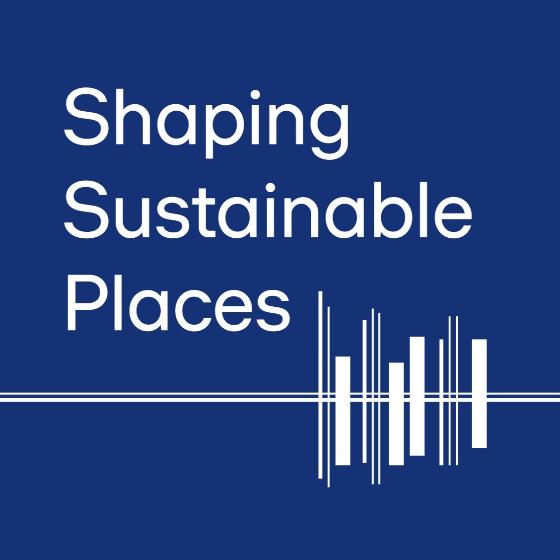 Logo with white text "Shaping Sustainable Places" on a blue background with vertical lines.