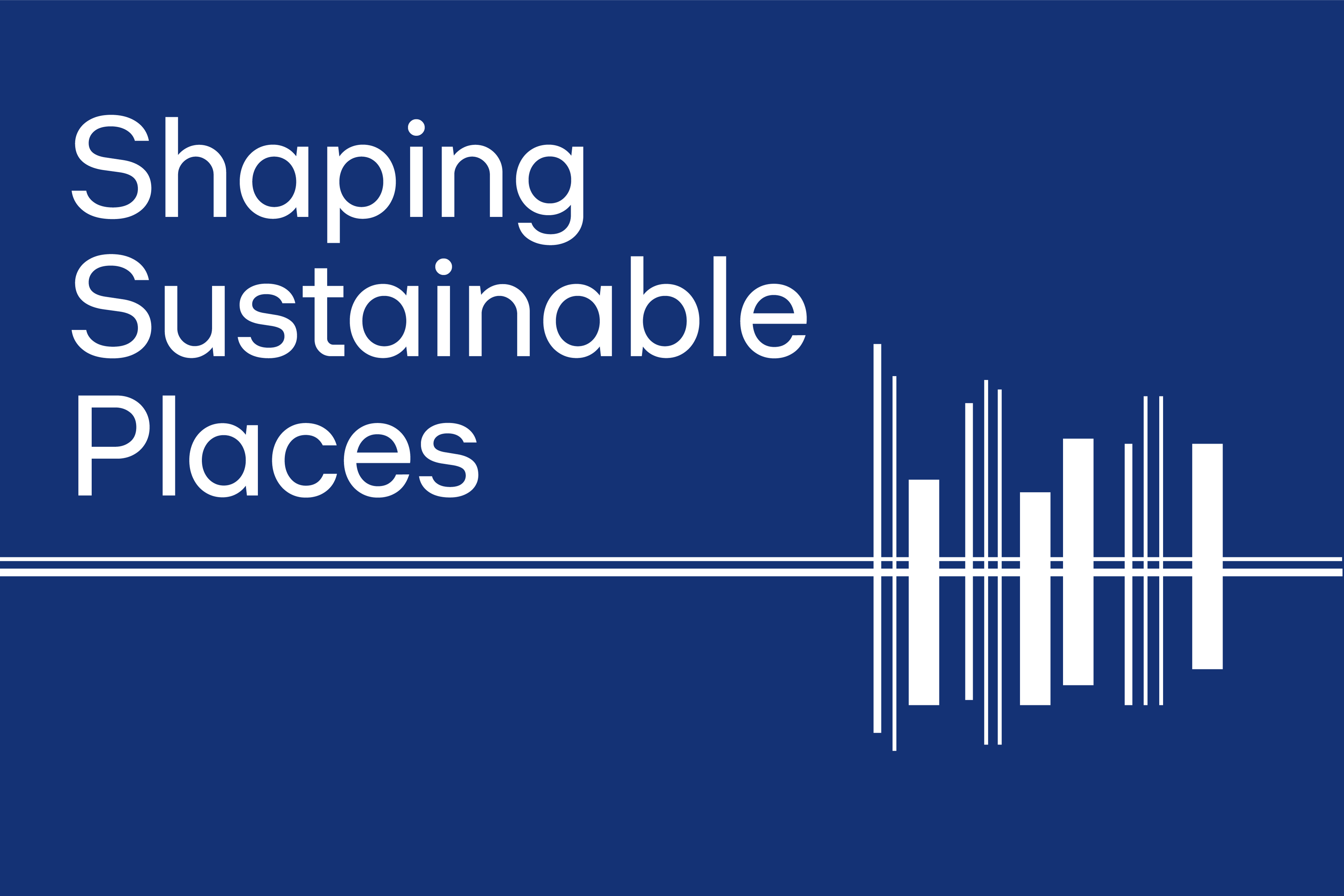 Logo with the text "Shaping Sustainable Places" on a blue background with white lines.