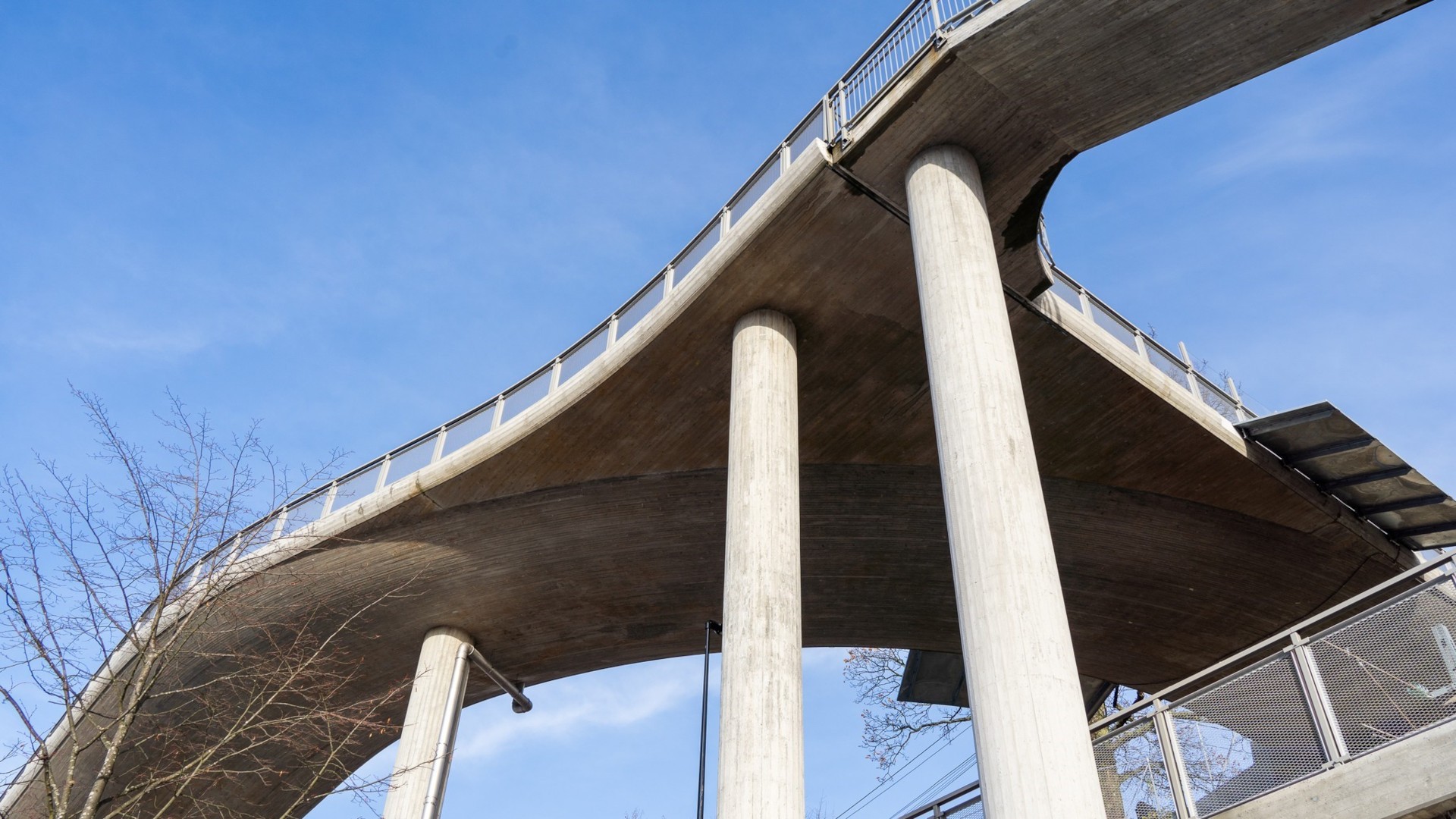 Elevated pedestrian bridge with a sleek curved design and concrete pillars under a clear blue sky