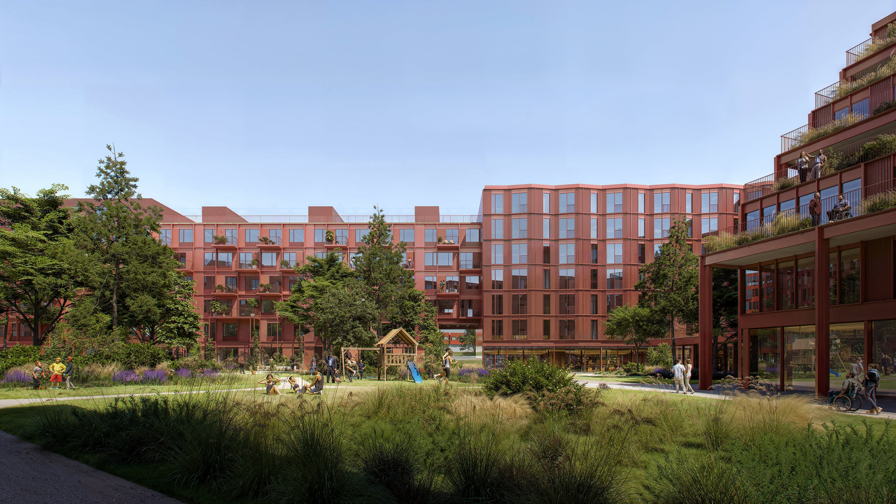 Modern residential buildings with a green courtyard and people enjoying outdoor activities.