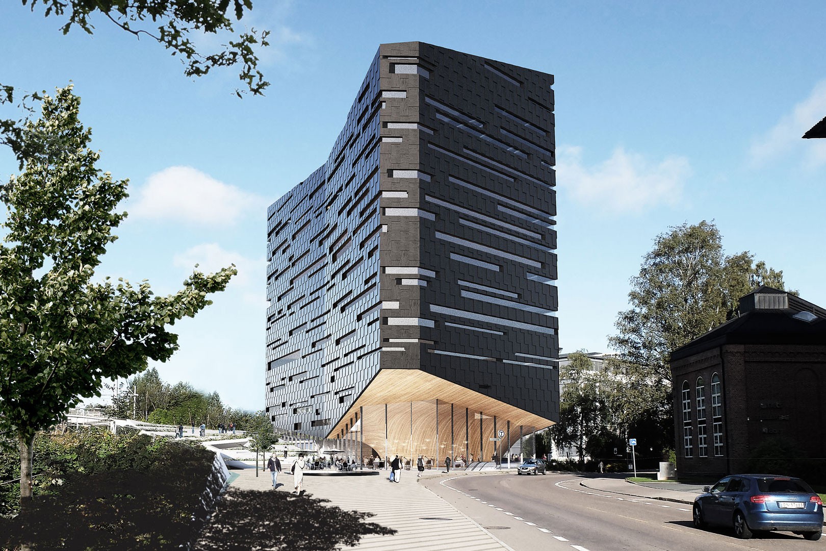 Moderne svart høyhus med unik arkitektur Moderne svart høyhus med unik vinklet design og trefasade på bakkeplan.