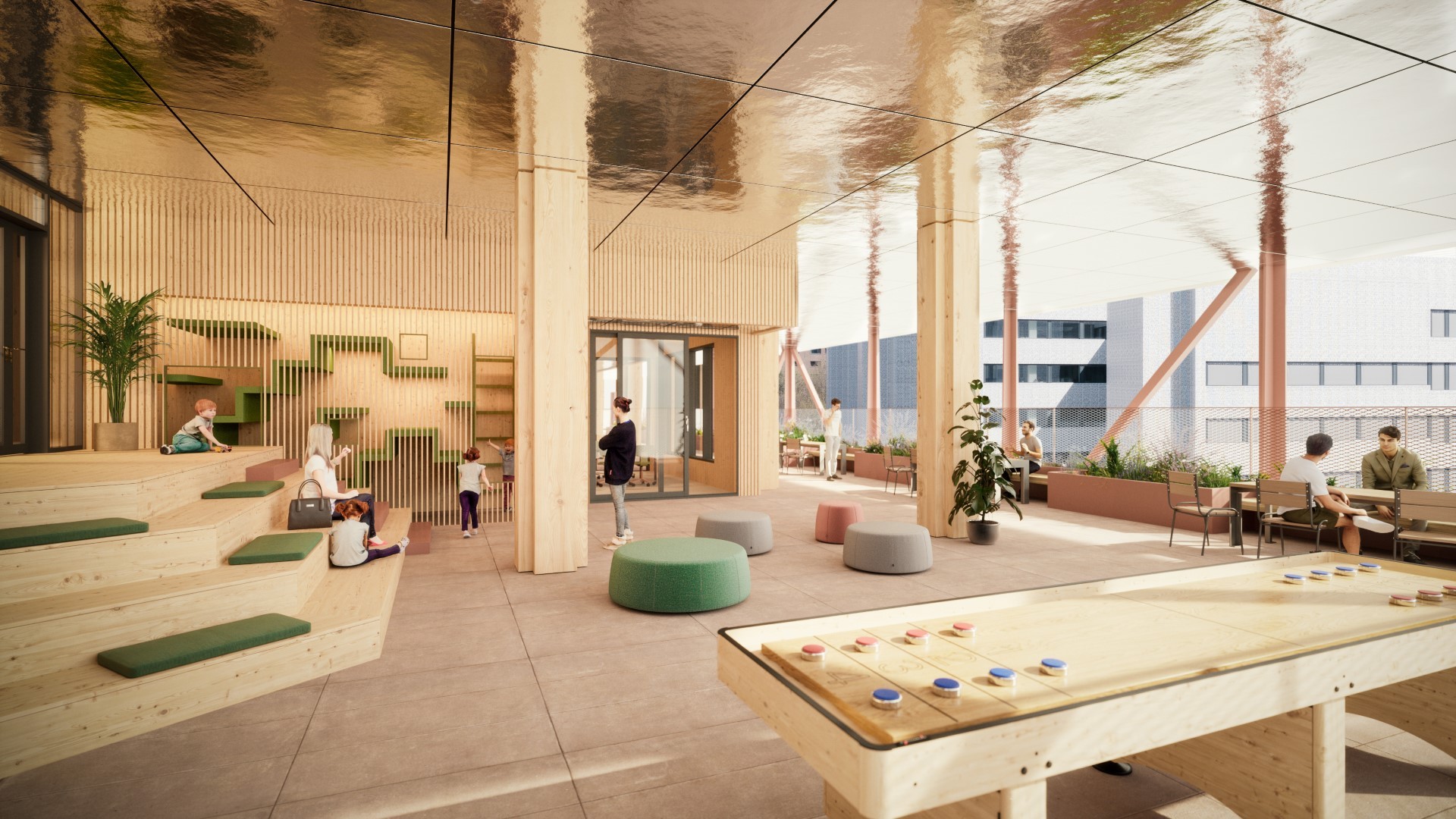 Moderne innendørs fellesområde med designelementer i tre Moderne innendørsområde med sitteplasser i tre, planter og mennesker som er engasjert i fritidsaktiviteter.