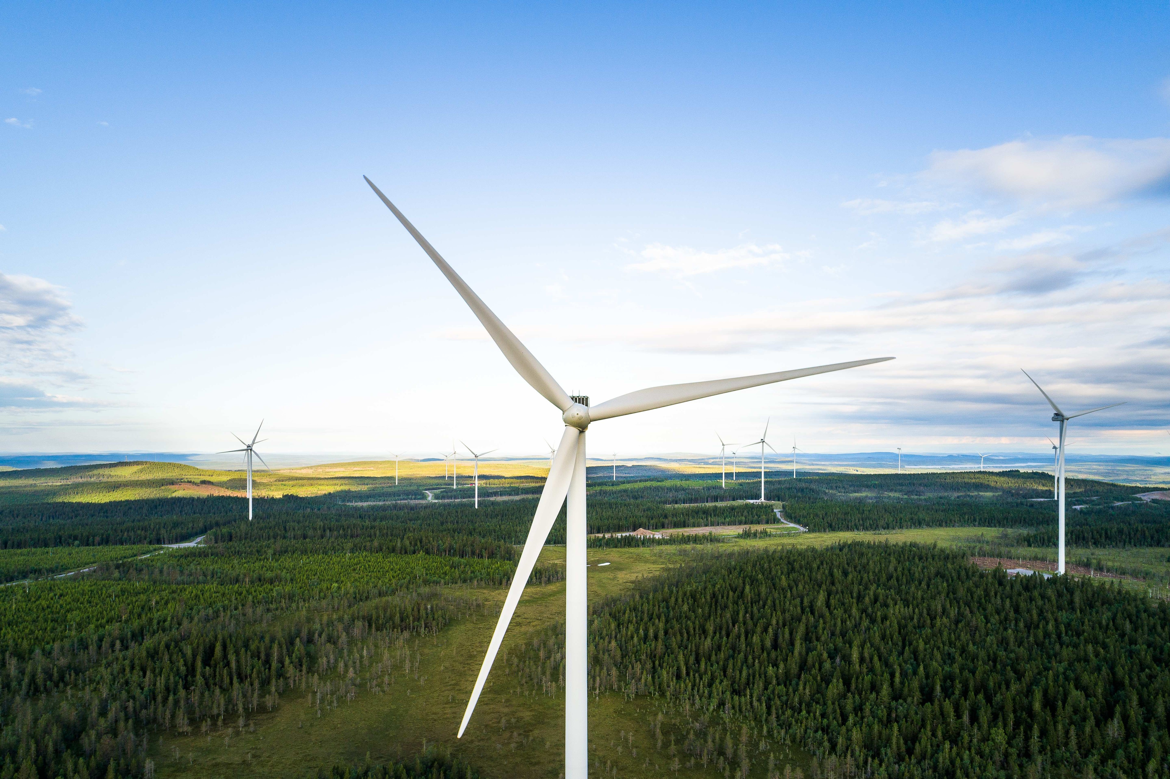 Natursköna vindkraftverk i frodig grön landskap vid solnedgången Vindkraftverk i ett grönt landskap under en klarblå himmel, som visar upp förnybara energikällor.