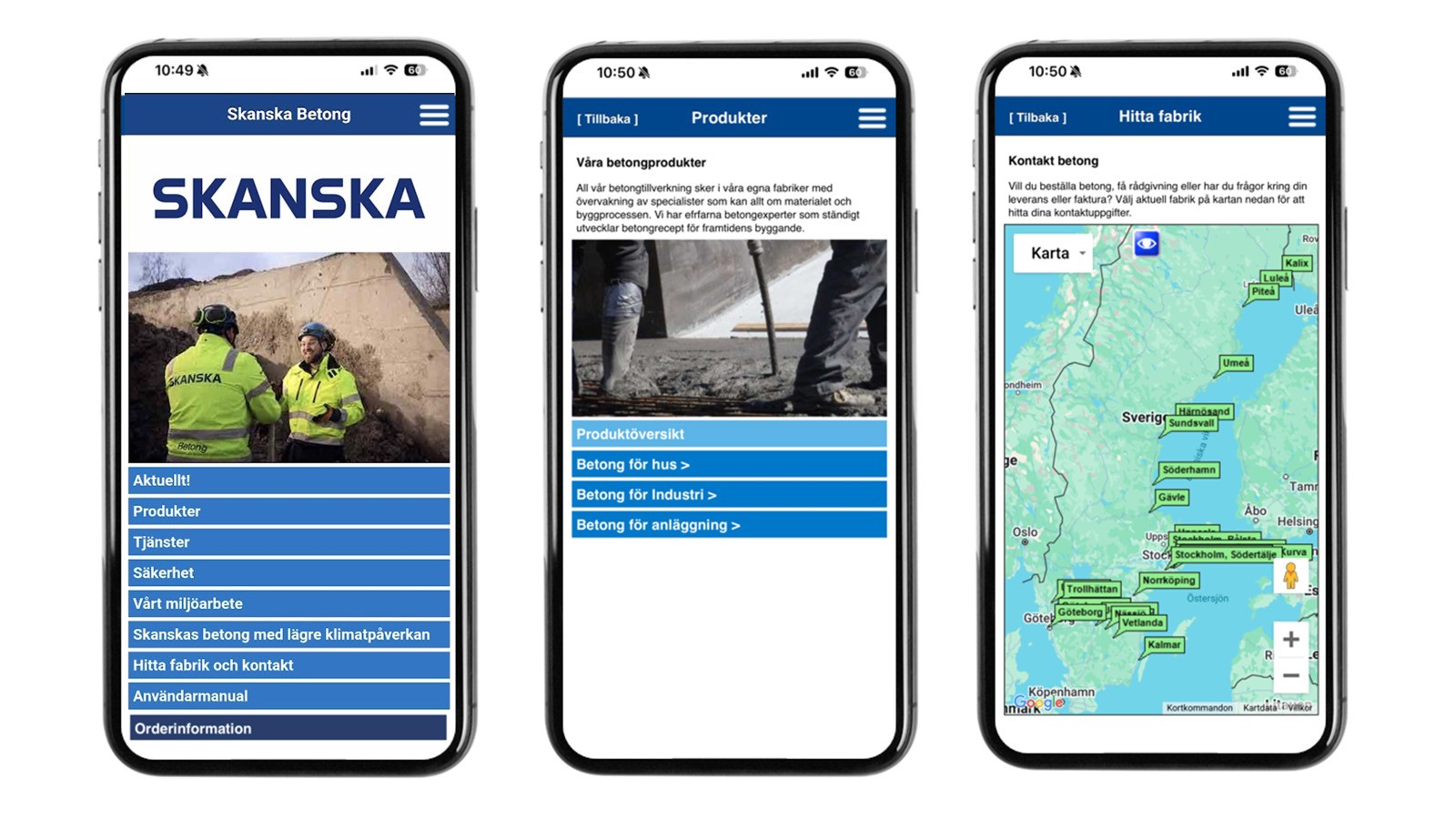 Skärmdumpar från Skanska Betong mobilapp som visar produktinformation, tjänster och fabrikskarta.