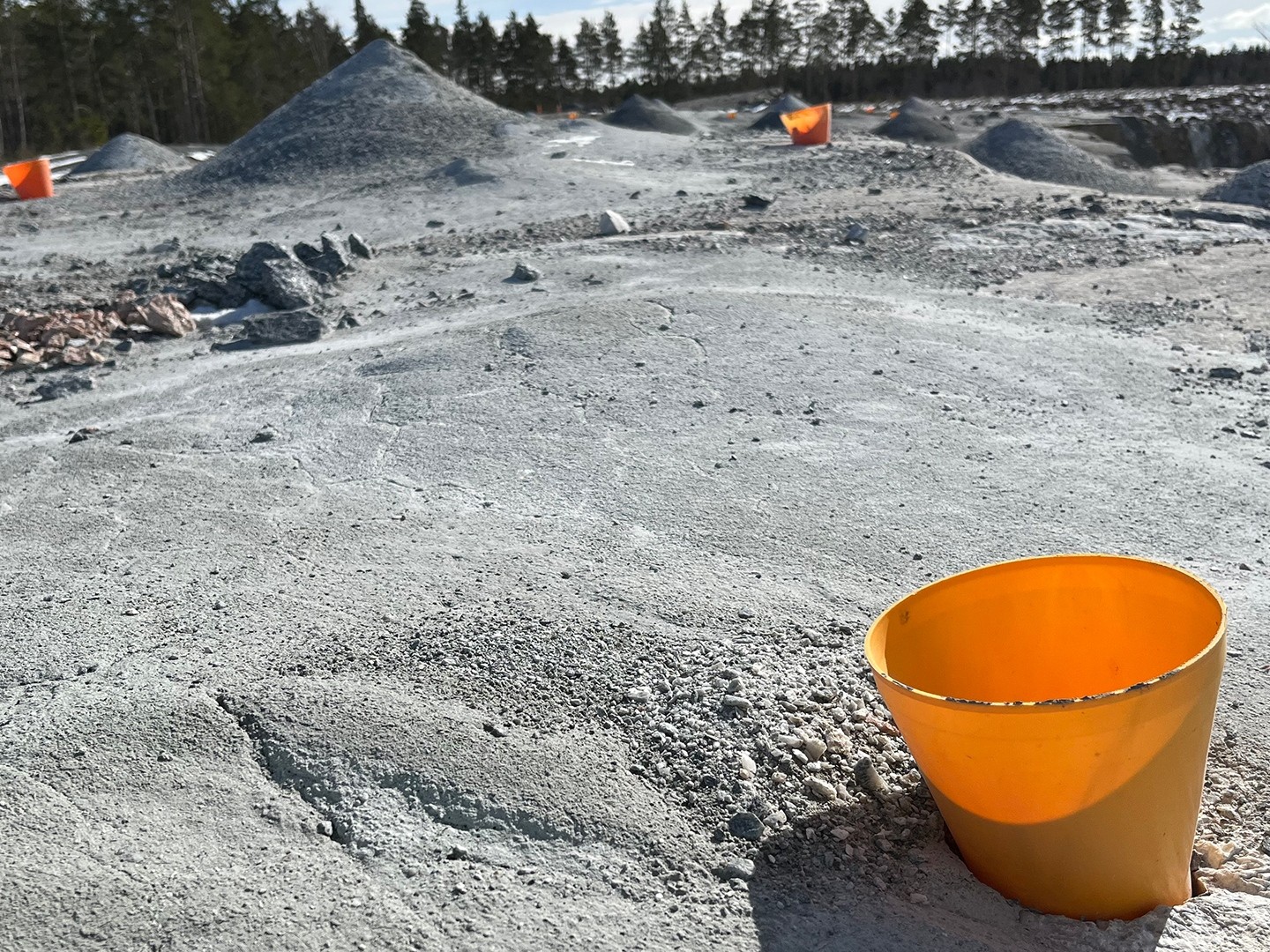 Orange cones scattered on a rocky, barren landscape with trees visible in the background.