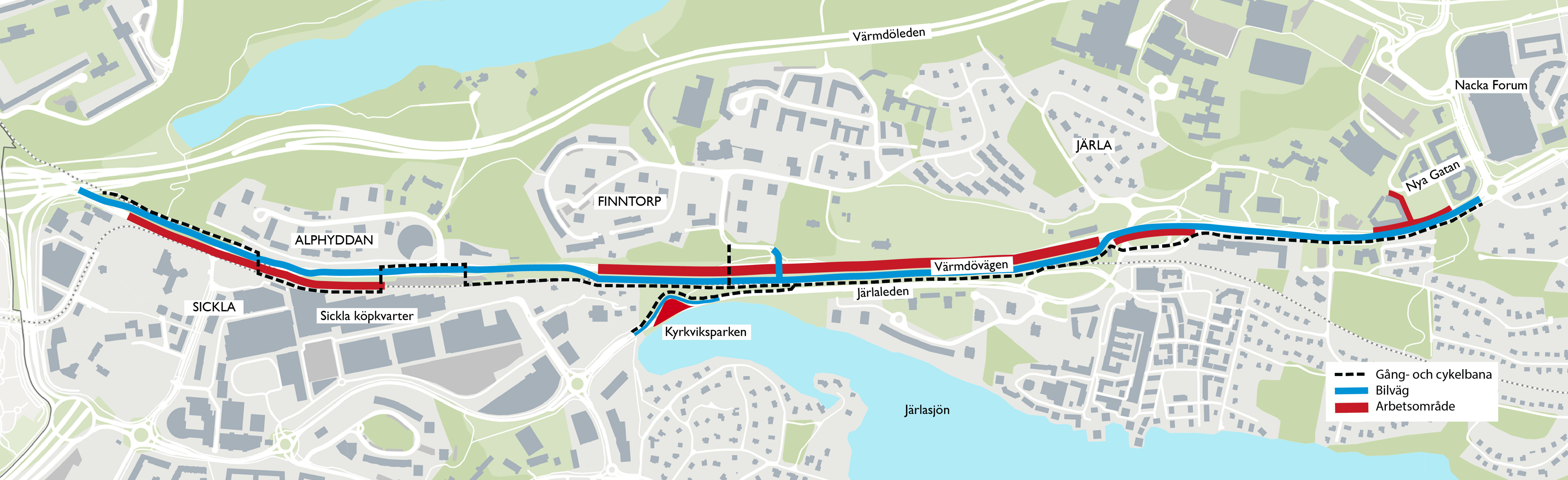 Karta som visar gång- och cykelvägen längs Värmdövägen i Nacka, Sverige.
