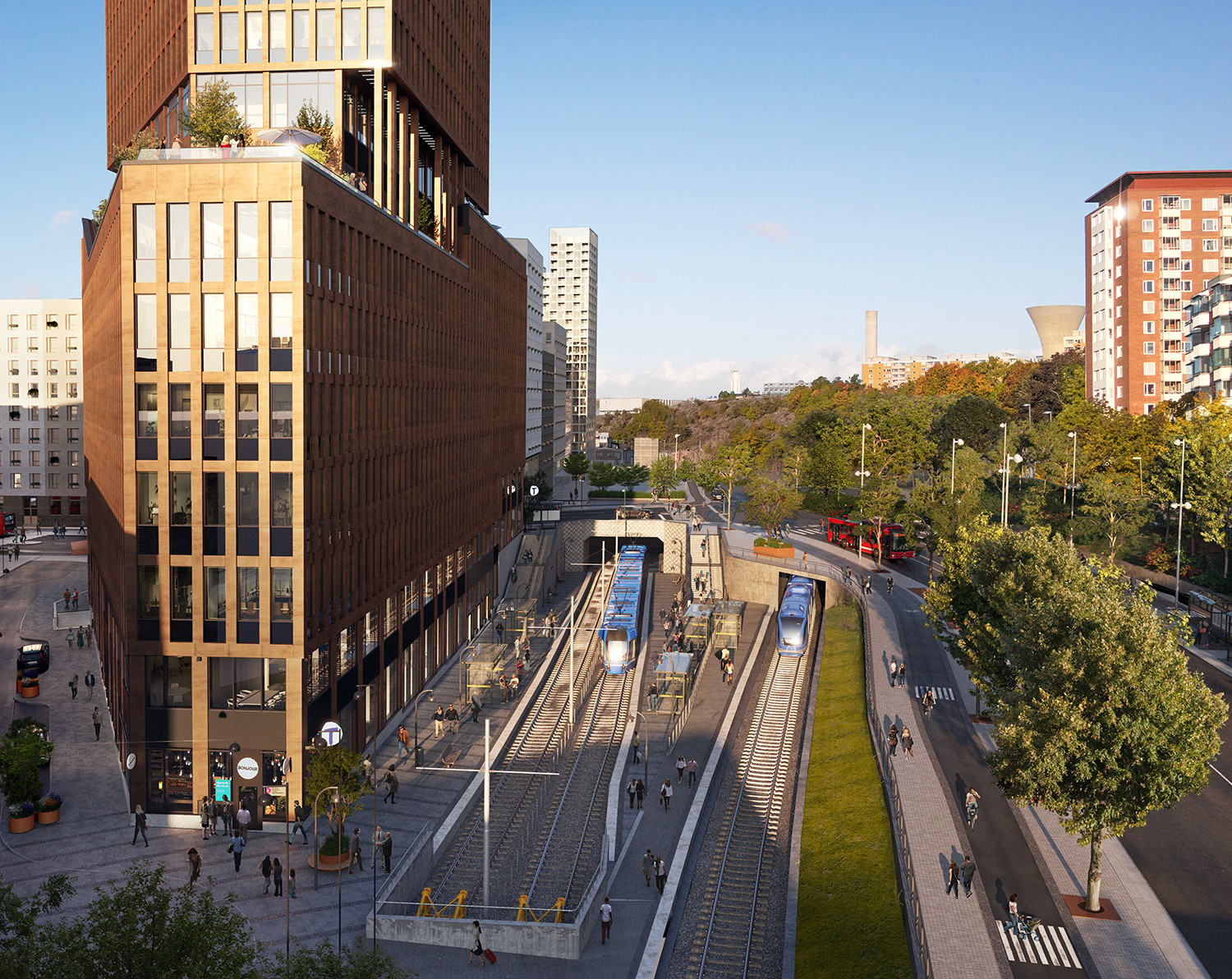 Nacka stad expanderar, tunnelbanas blå linje byggs ut och nya fastigheter planeras i området. Modern stadstågstation med blå tåg, fotgängare och omgivande byggnader.