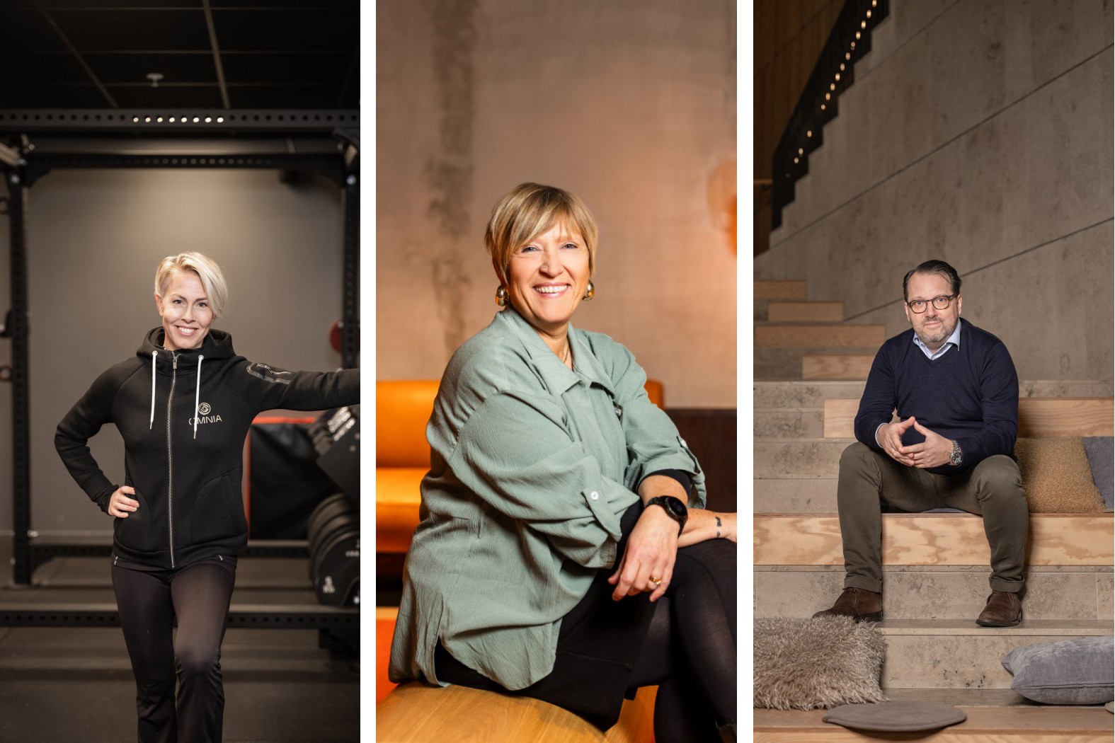Mångsidiga yrkesverksamma inom träning, affärsverksamhet och avkopplingsmiljöer Tre individer i olika miljöer: gym, vardagsrum och trappa, var och en i en avslappnad pose.