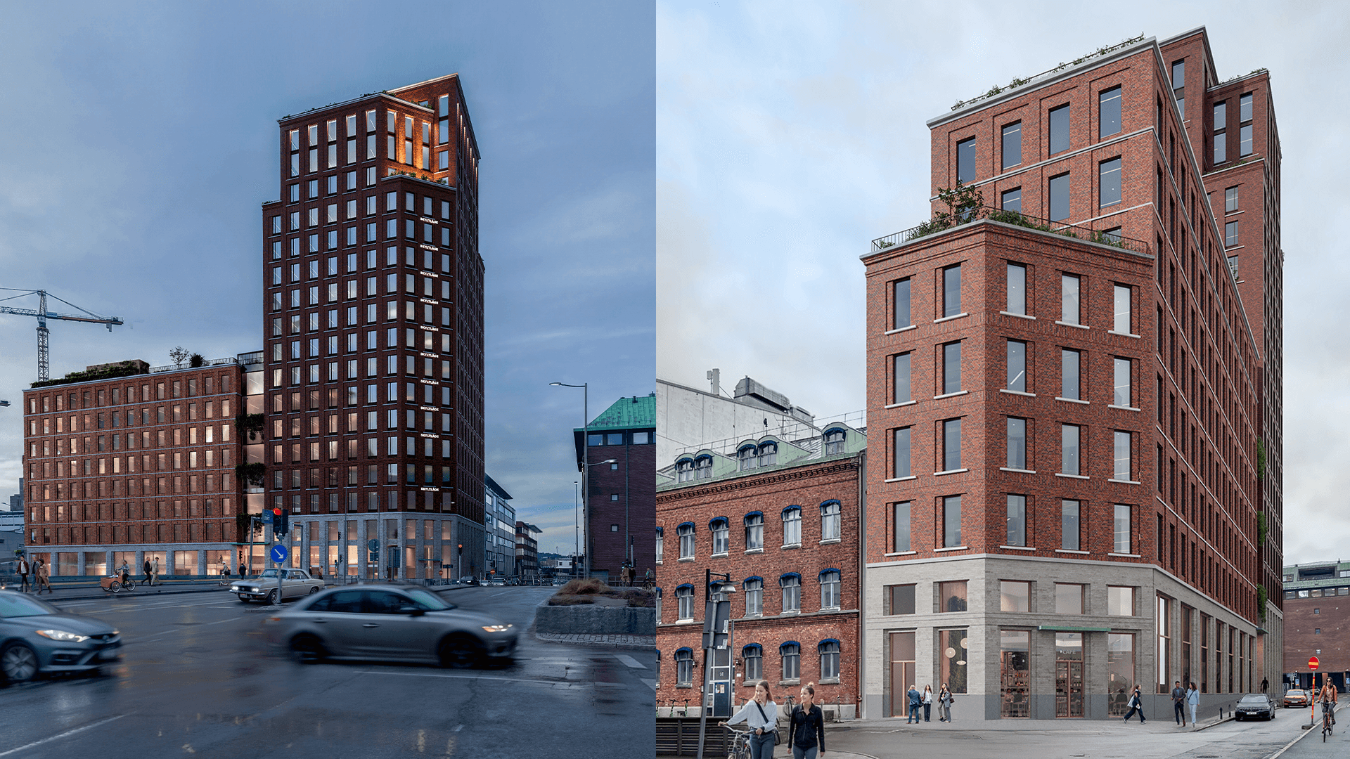 Två moderna tegelbyggnader i en stadsnära miljö, med bilar och fotgängare i närheten.