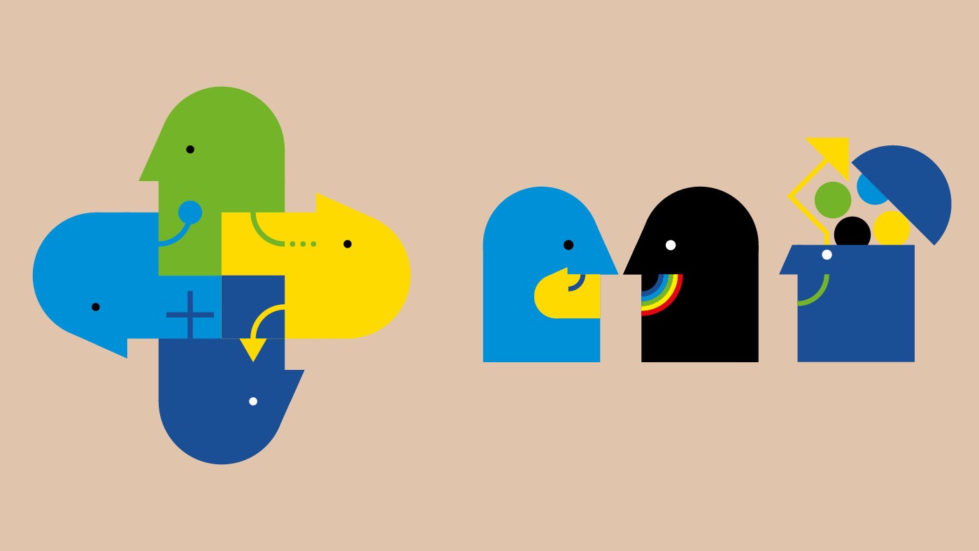 Colorful abstract illustration of interconnected faces and geometric shapes on a beige background.