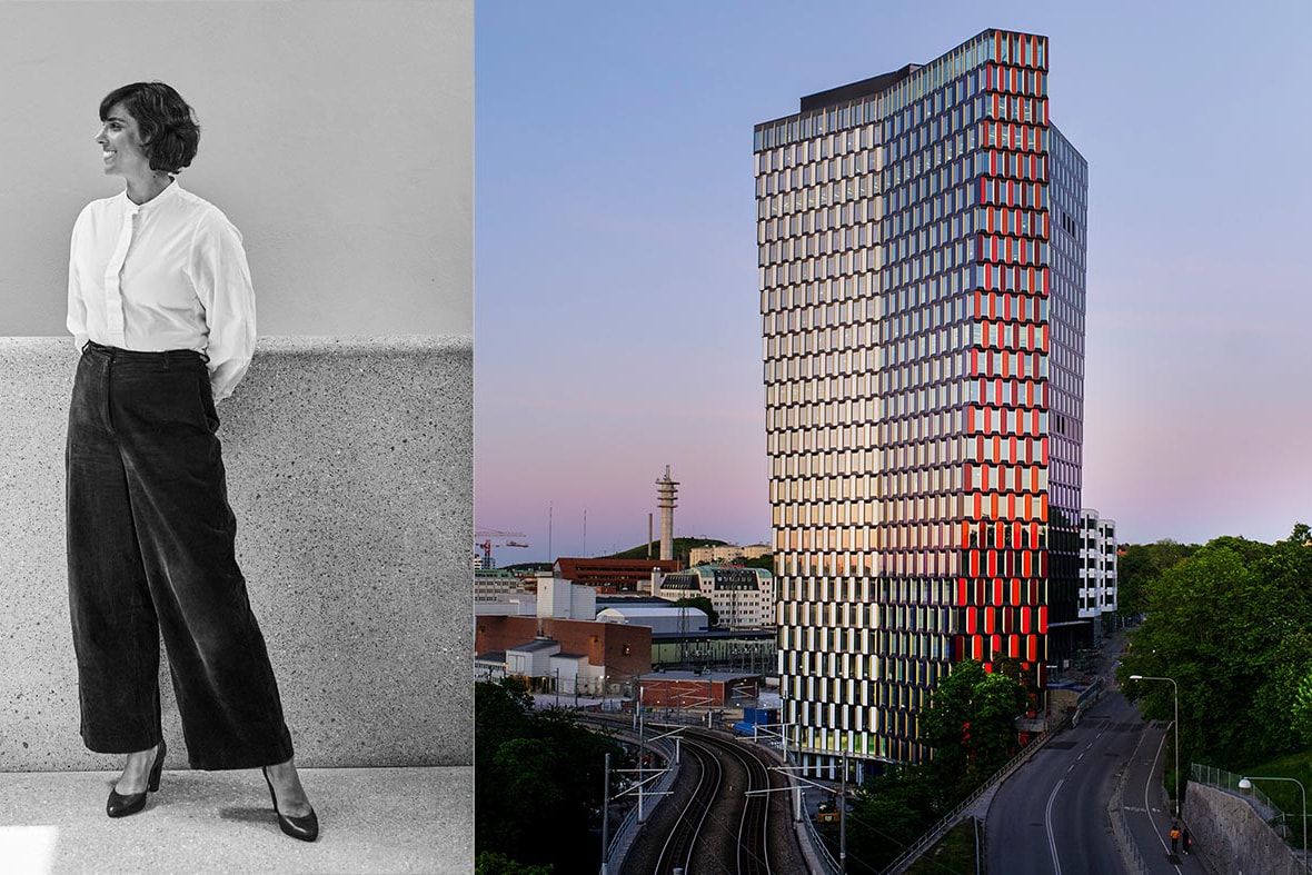 Modern arkitektur: Stilfull byggnad och modeensemble Svartvit foto av en person i formell klädsel bredvid en modern, färgglad skyskrapa i skymningen.