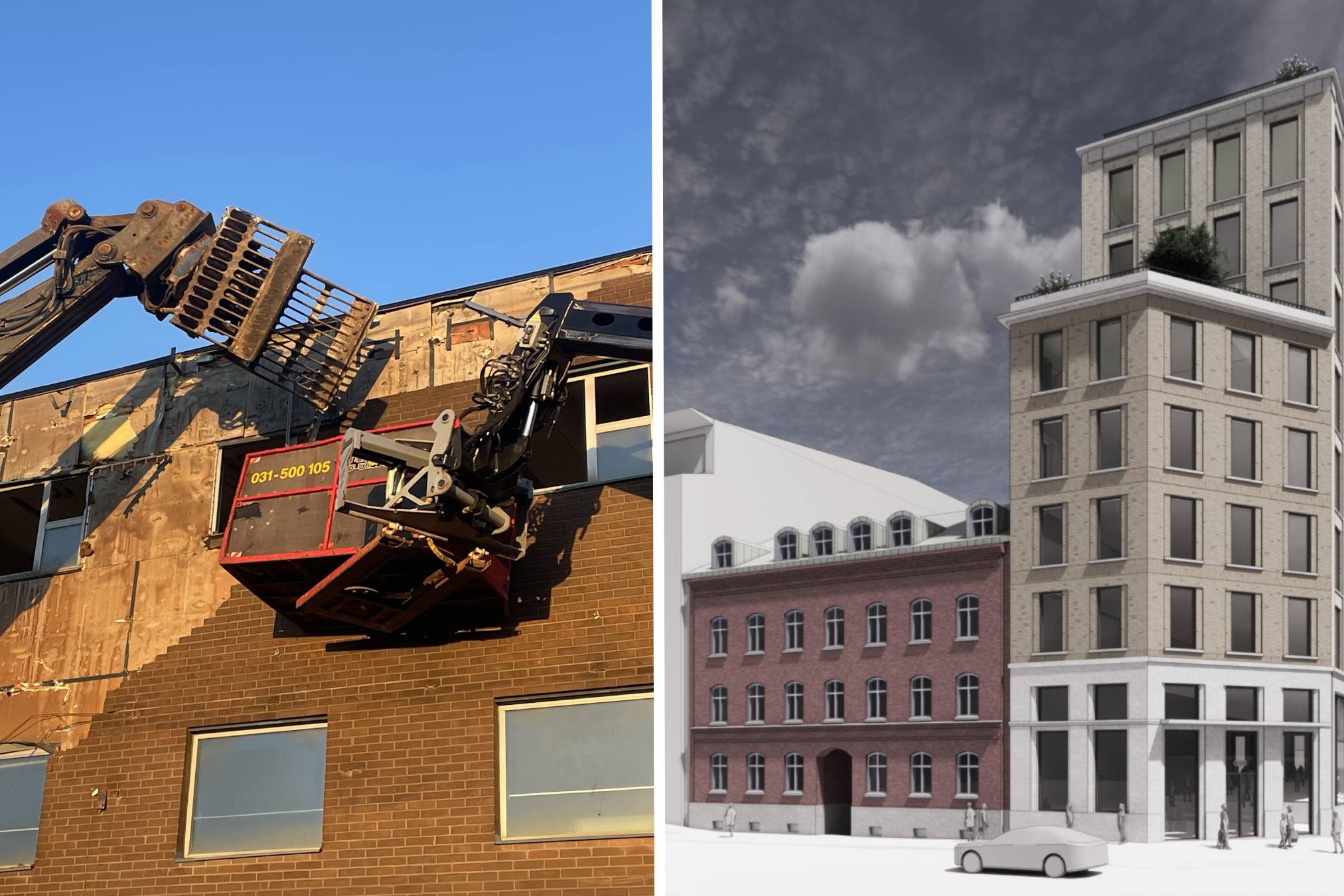 Byggnadstransformation: Rivning till modern arkitektur Till vänster river ett byggfordon en tegelbyggnad; till höger en modern byggnadsdesign.