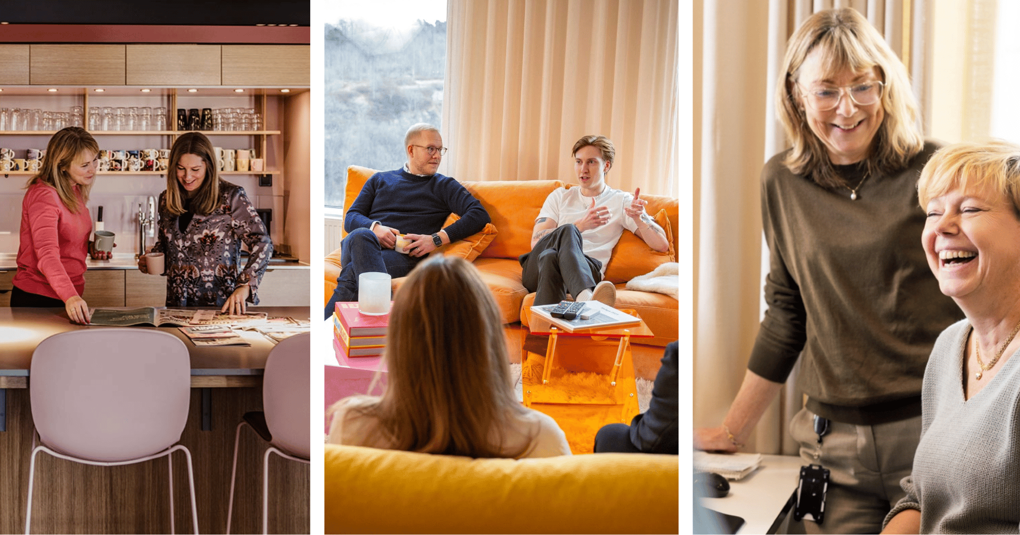 Lär känna Westander, Castra och Metso – tre mästare på företagskultur. Tre bilder som visar olika yrkesverksamma som samarbetar i moderna kontorsmiljöer.