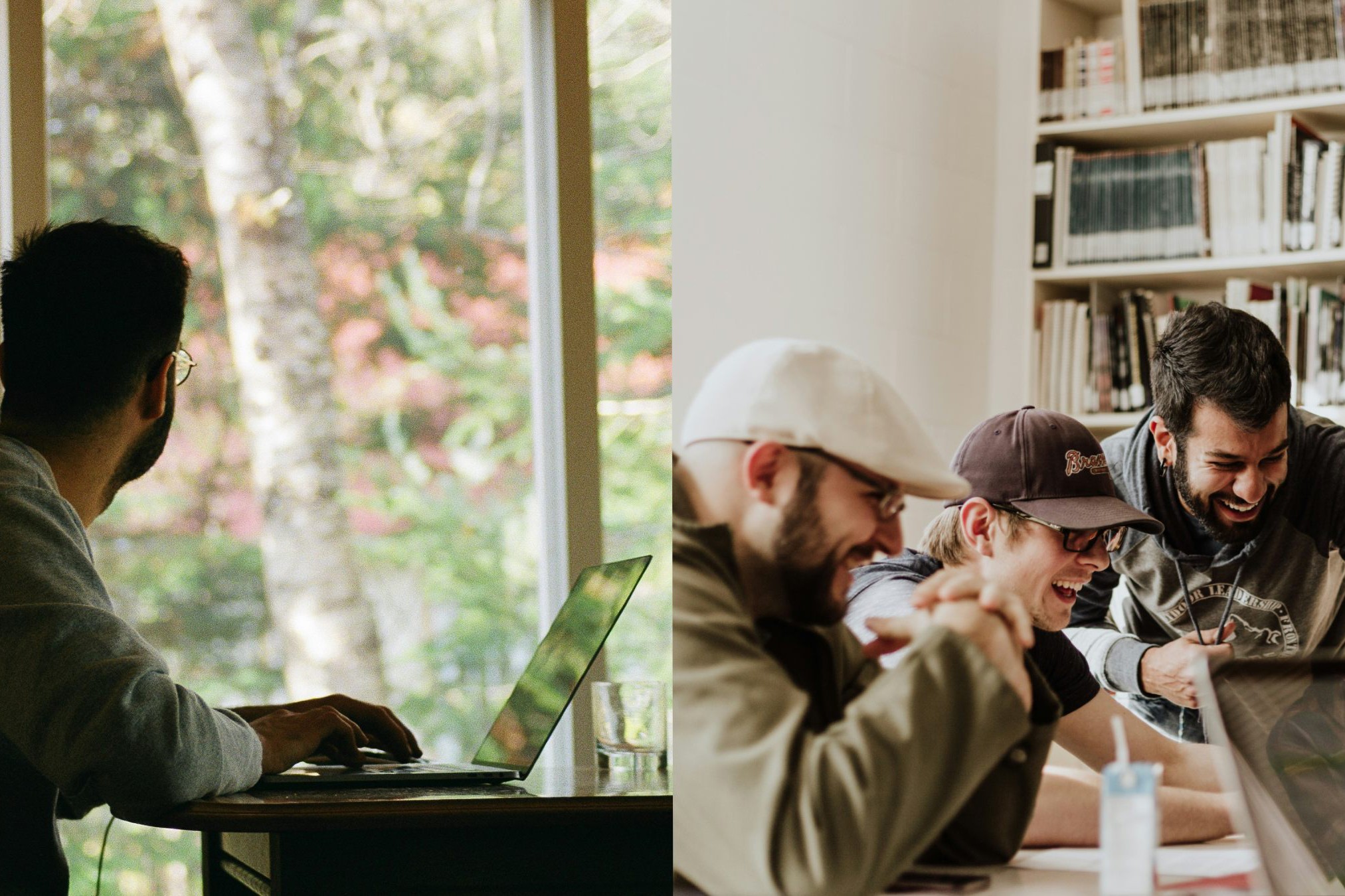 Fjärrarbete vs. Samarbetsstudier: Balans mellan produktivitet En person som arbetar vid en laptop vid ett fönster och en grupp som samarbetar i en biblioteksinställning.