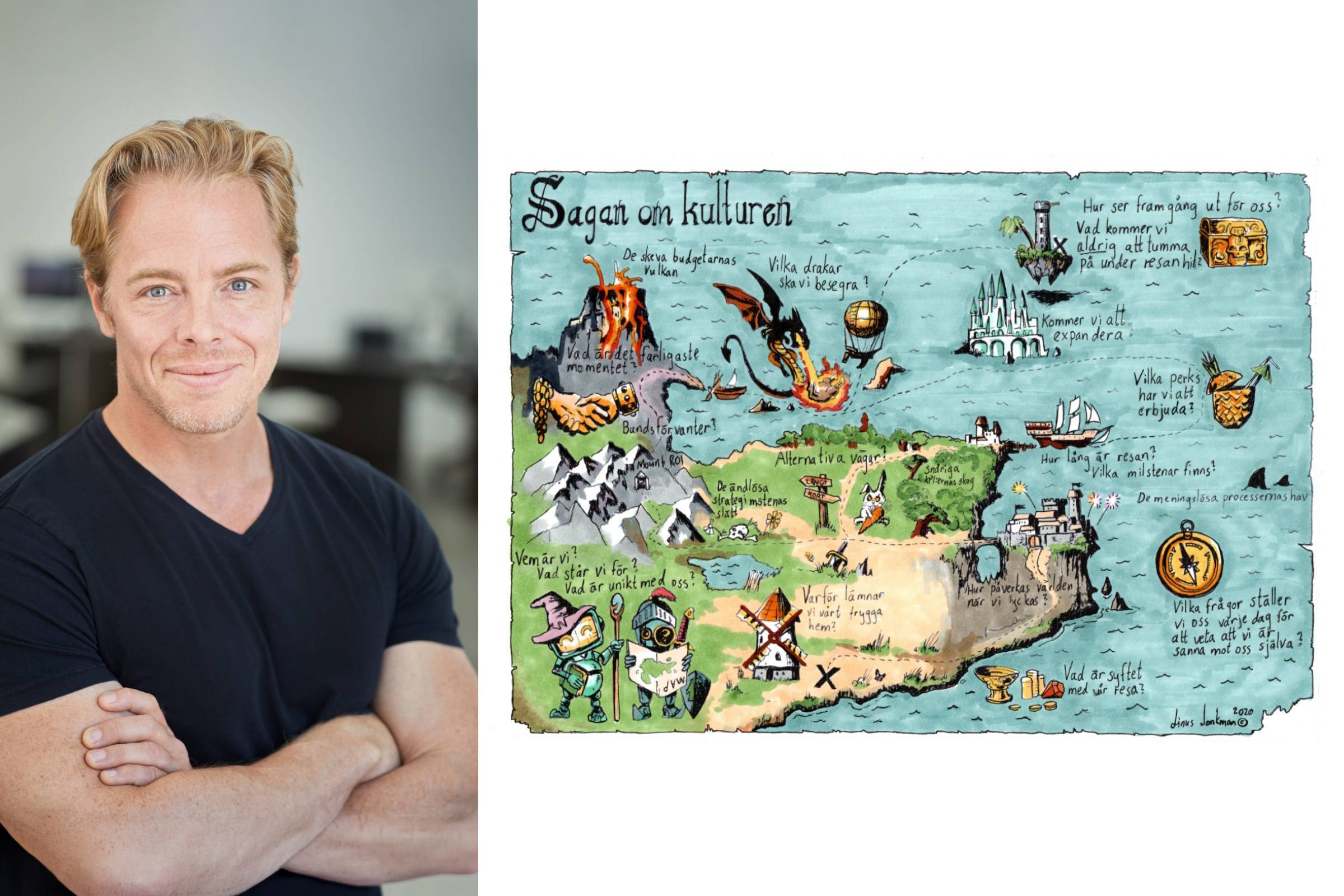 Fantasykarta Illustration: Äventyr och mysterium utvecklas Illustrerad karta med titeln "Sagan om kulturen" har mytiska varelser och varierande landskap.