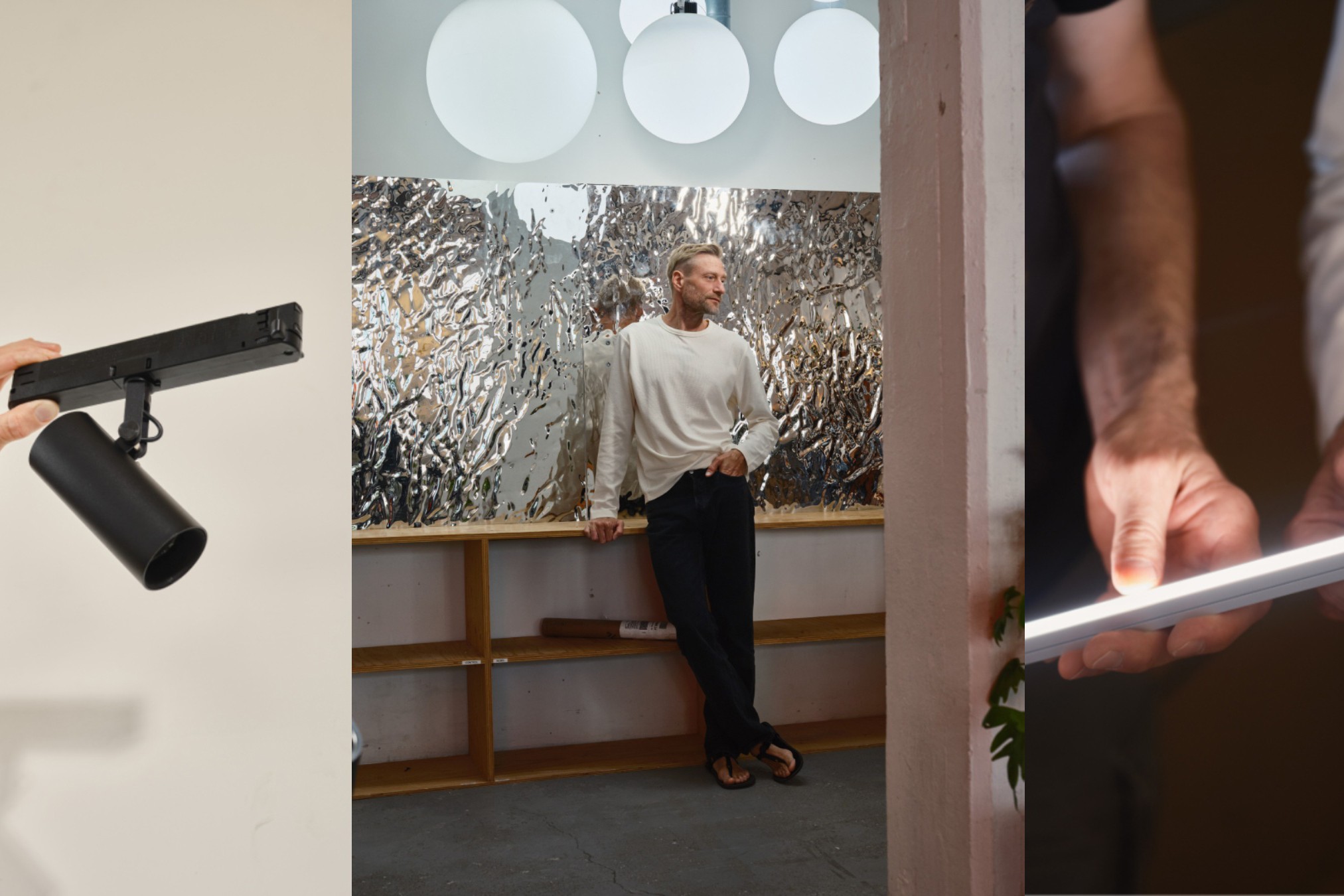 Modern belysningsdesign och innovativa armaturer visning Modern ljusdesign med en spotlight, strukturerad metallvägg och LED-remsa i ett stilfullt rum.