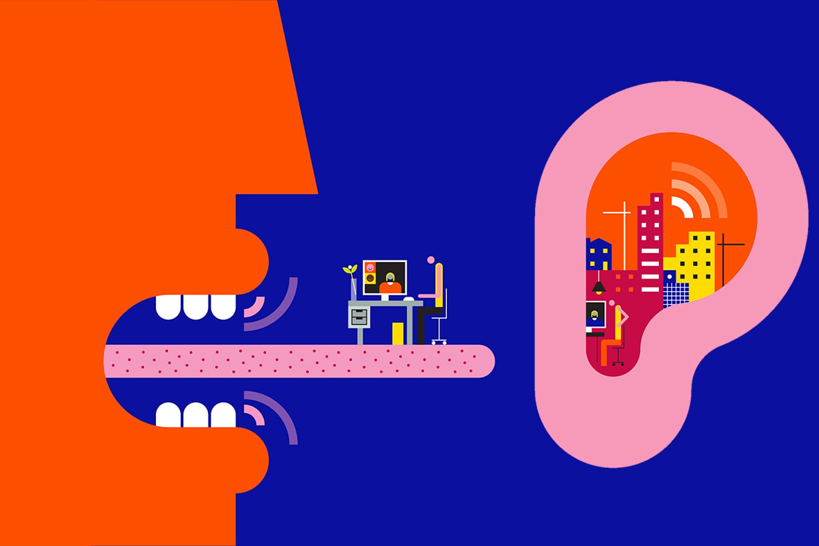 Digital kommunikation: Förbinder röster och städer Illustration av kommunikation med en person som talar och en stadsbild inuti ett öra, symboliserar datautbyte.