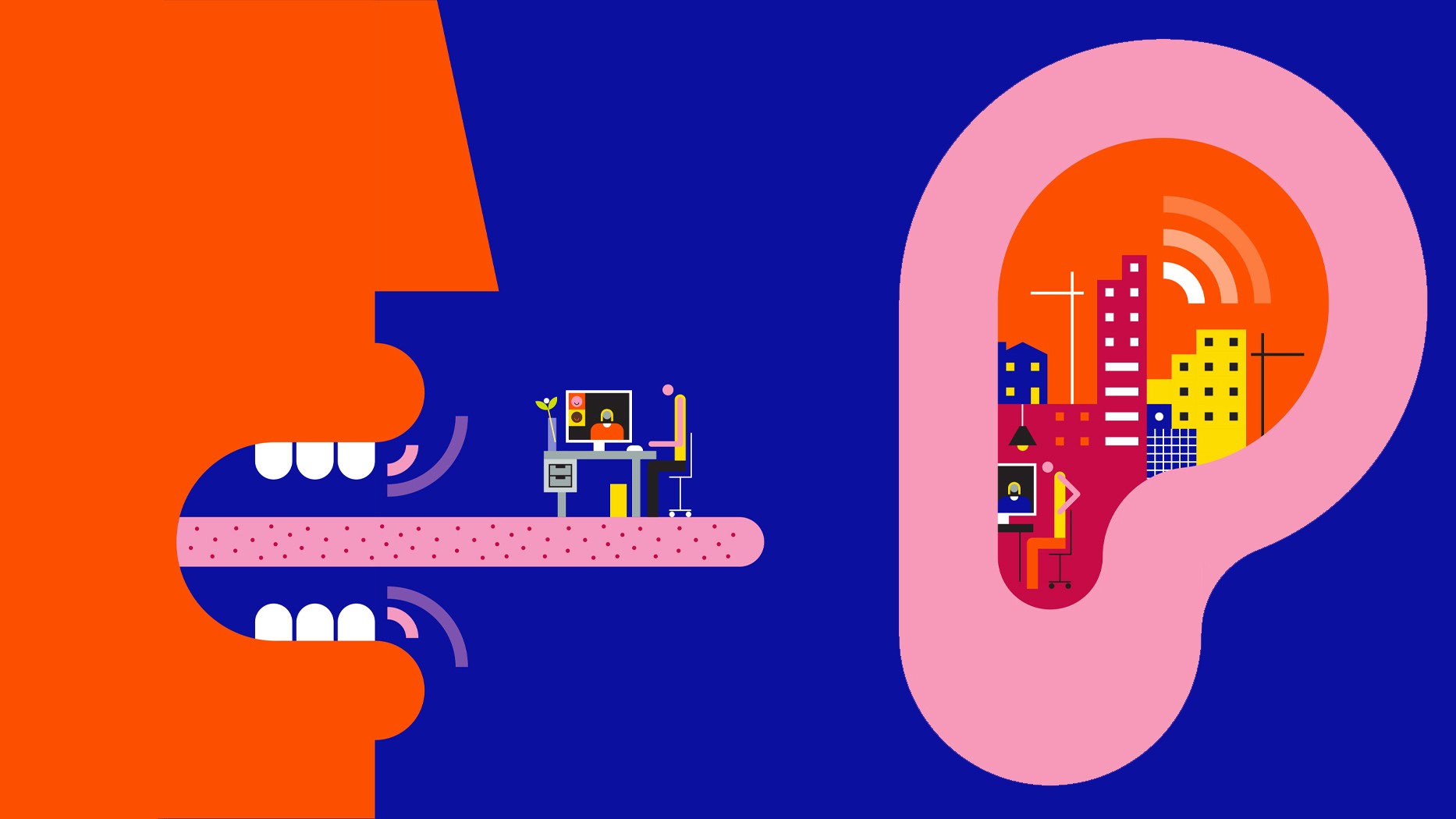 Digital kommunikation: Förbinder röster och städer Illustration av kommunikation: en person som talar i en mikrofon, ljudvågor som går in i ett öra.