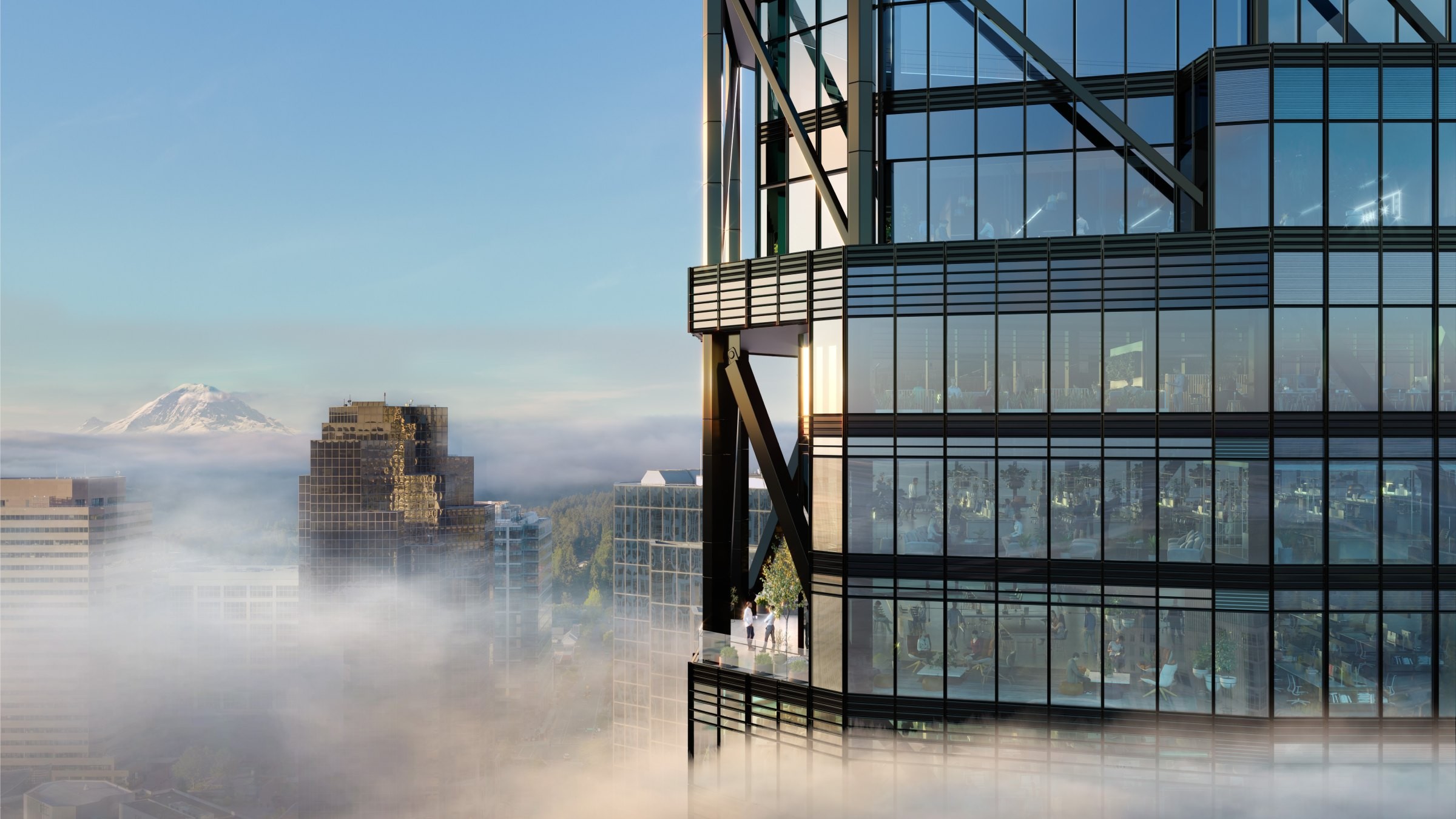 ”This is where the magic hangs out”, förklarar Skanskas kontorshus The Eights hemsida. Det känns bokstavligen så när du ser byggnaden. Modern glas kontorsbyggnad med stadslandskap och berg i dimmig bakgrund.
