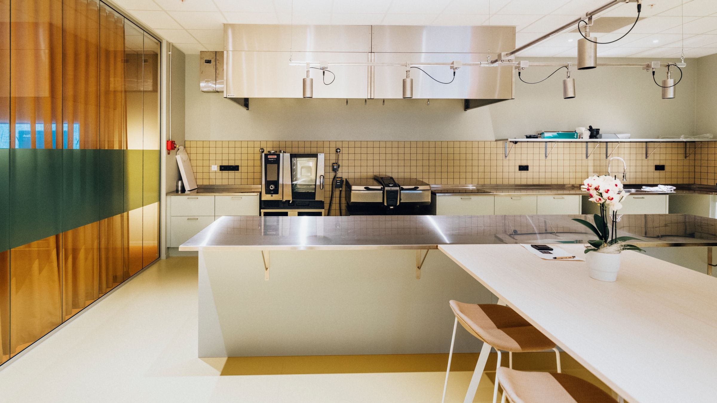 Modern kommersiellt kök med rostfria apparater Modern kök med bänkskivor i rostfritt stål, industriella apparater och en blomsterarrangemang.