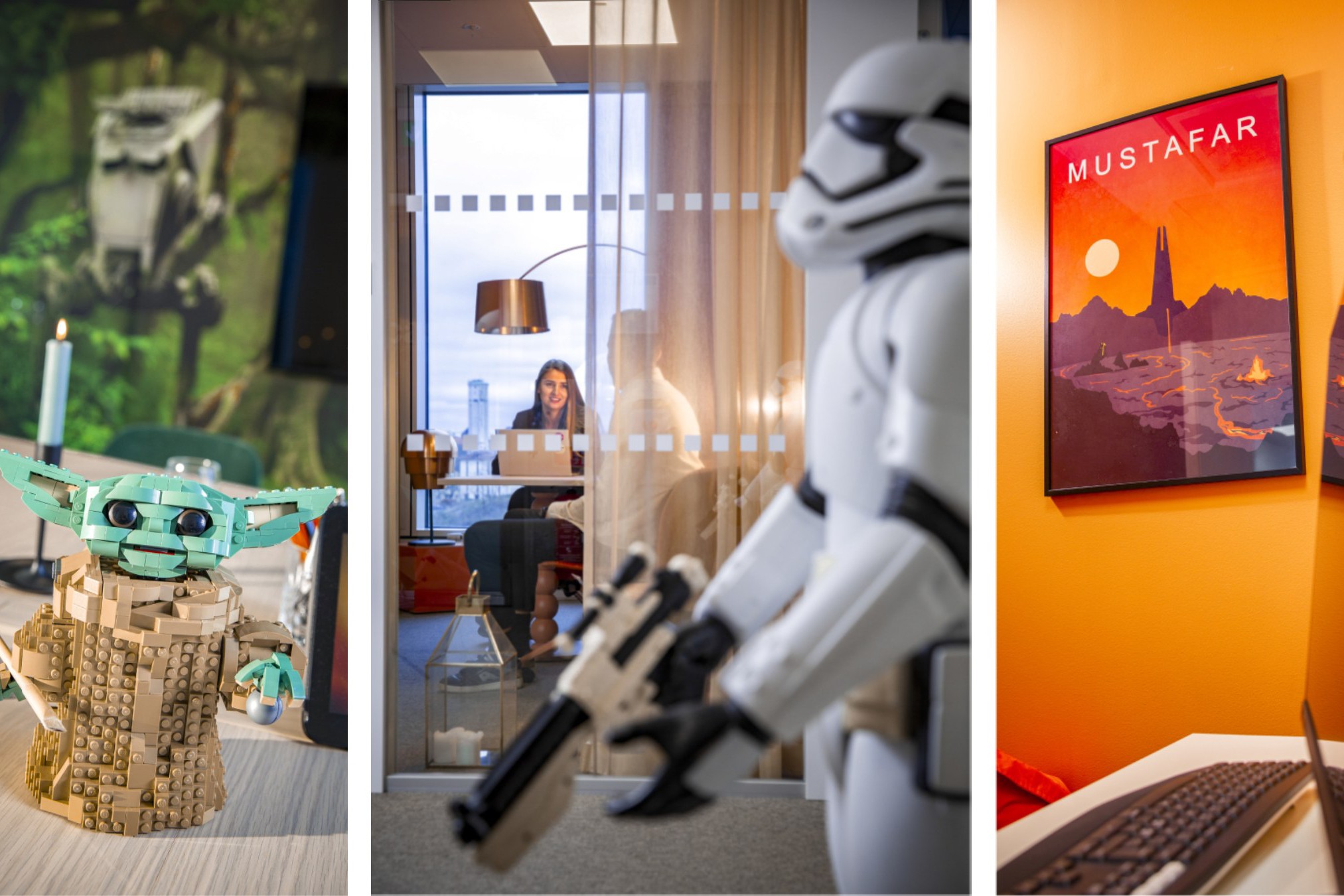 Star Wars Kontorsdekor: Stormtrooper, Grogu, Mustafar Konst Collage med en LEGO Grogu, en Stormtrooper-figur och en Mustafar-affisch i ett modernt kontor.