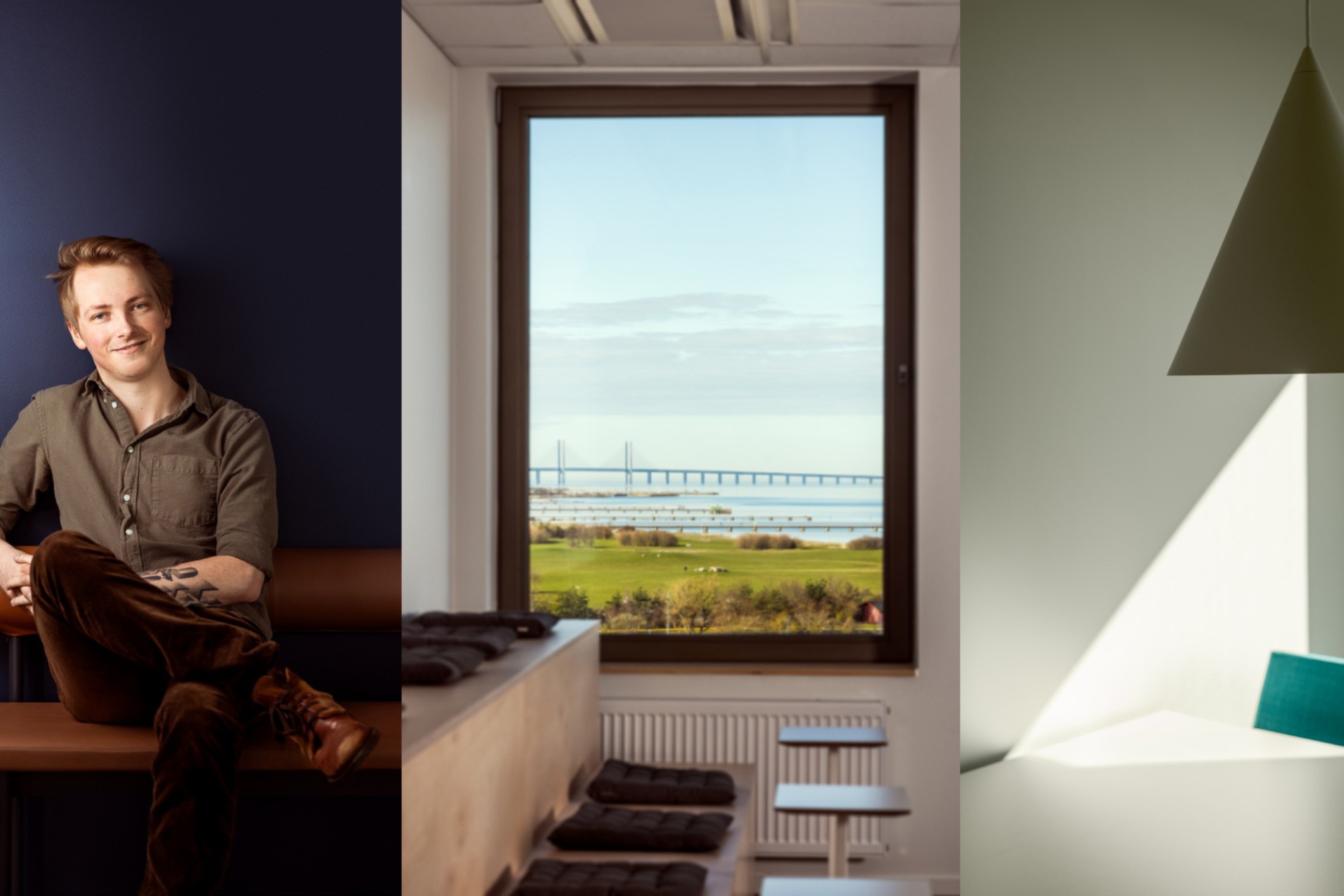 Modern inredningsdesign med fantastisk fönsterutsikt och belysning En modern interiör med utsikt över en bro över vatten, med minimalistiska möbler.